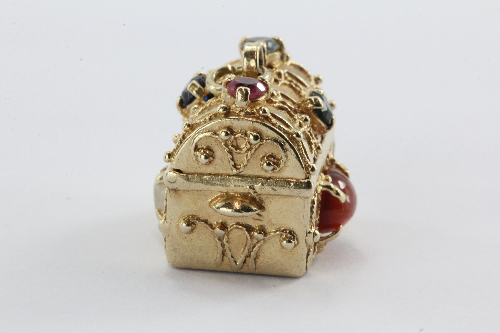 Vintage 14K Gold Gem Stone Studded Etruscan Treasure Chest Pendant Charm - Queen May