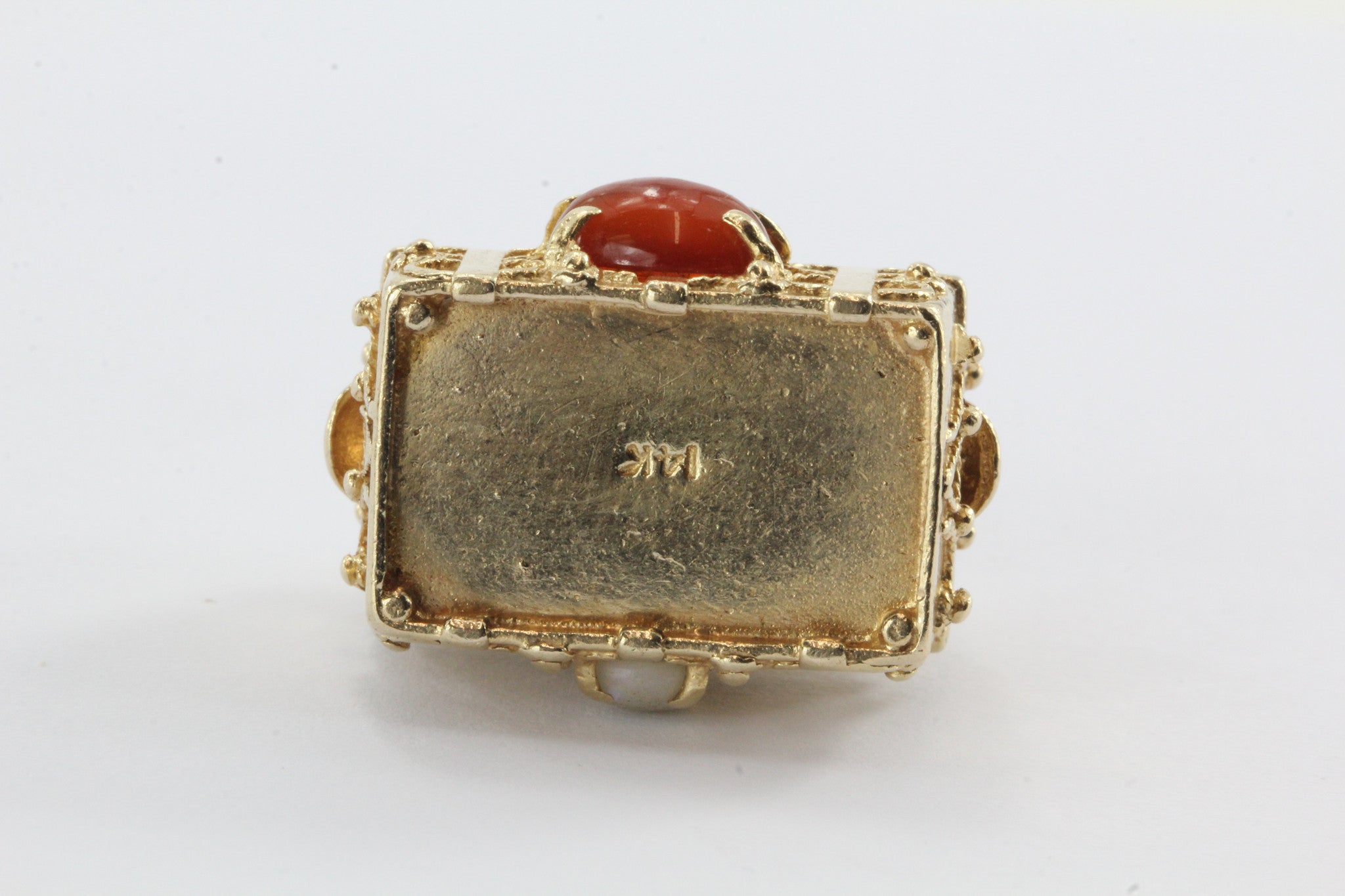 Vintage 14K Gold Gem Stone Studded Etruscan Treasure Chest Pendant Charm - Queen May