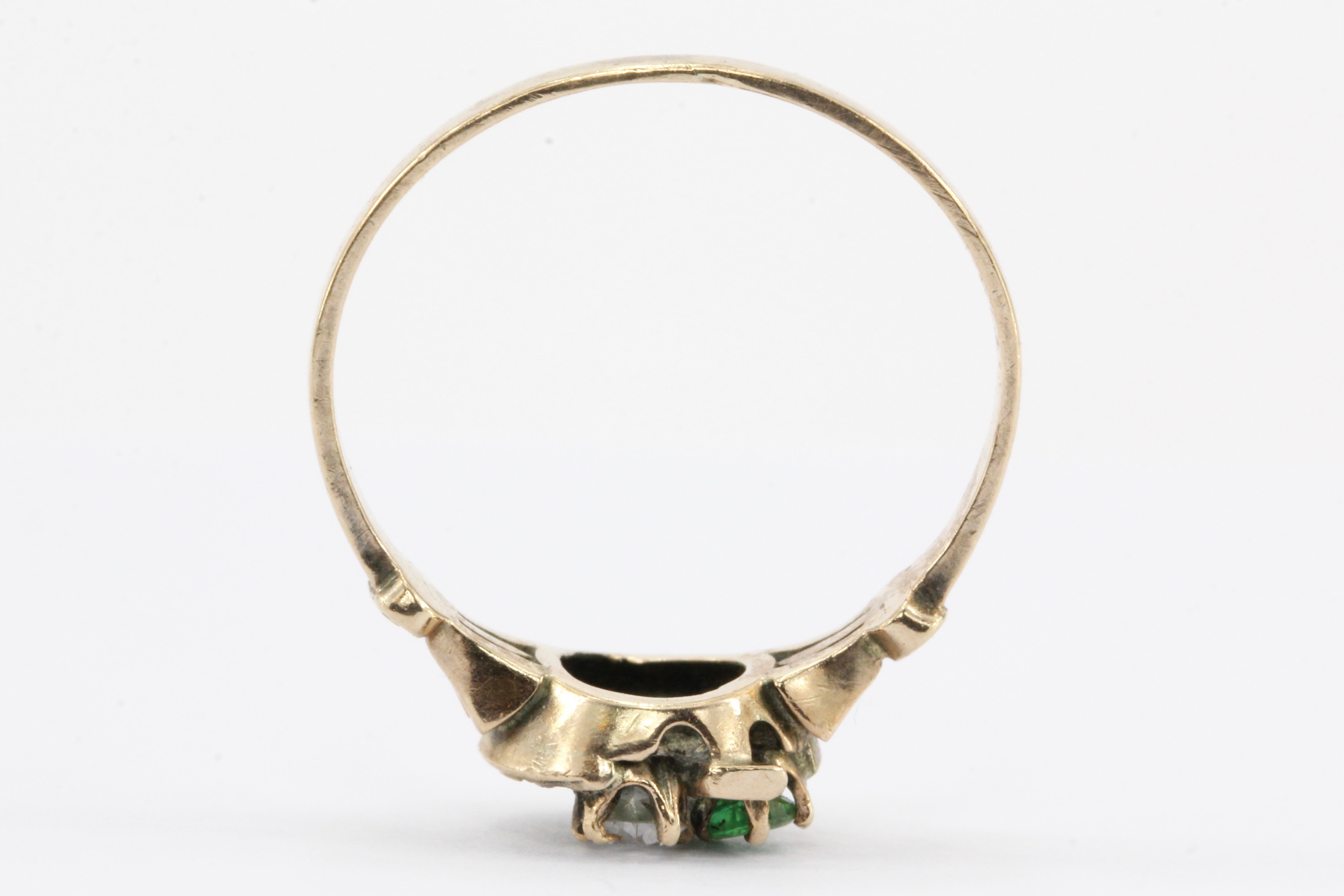 Victorian 10k Gold Diamond & Emerald Crescent Trefoil Ring c.1880's - Queen May