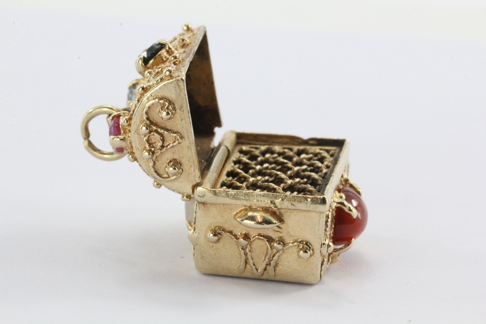 Vintage 14K Gold Gem Stone Studded Etruscan Treasure Chest Pendant Charm - Queen May