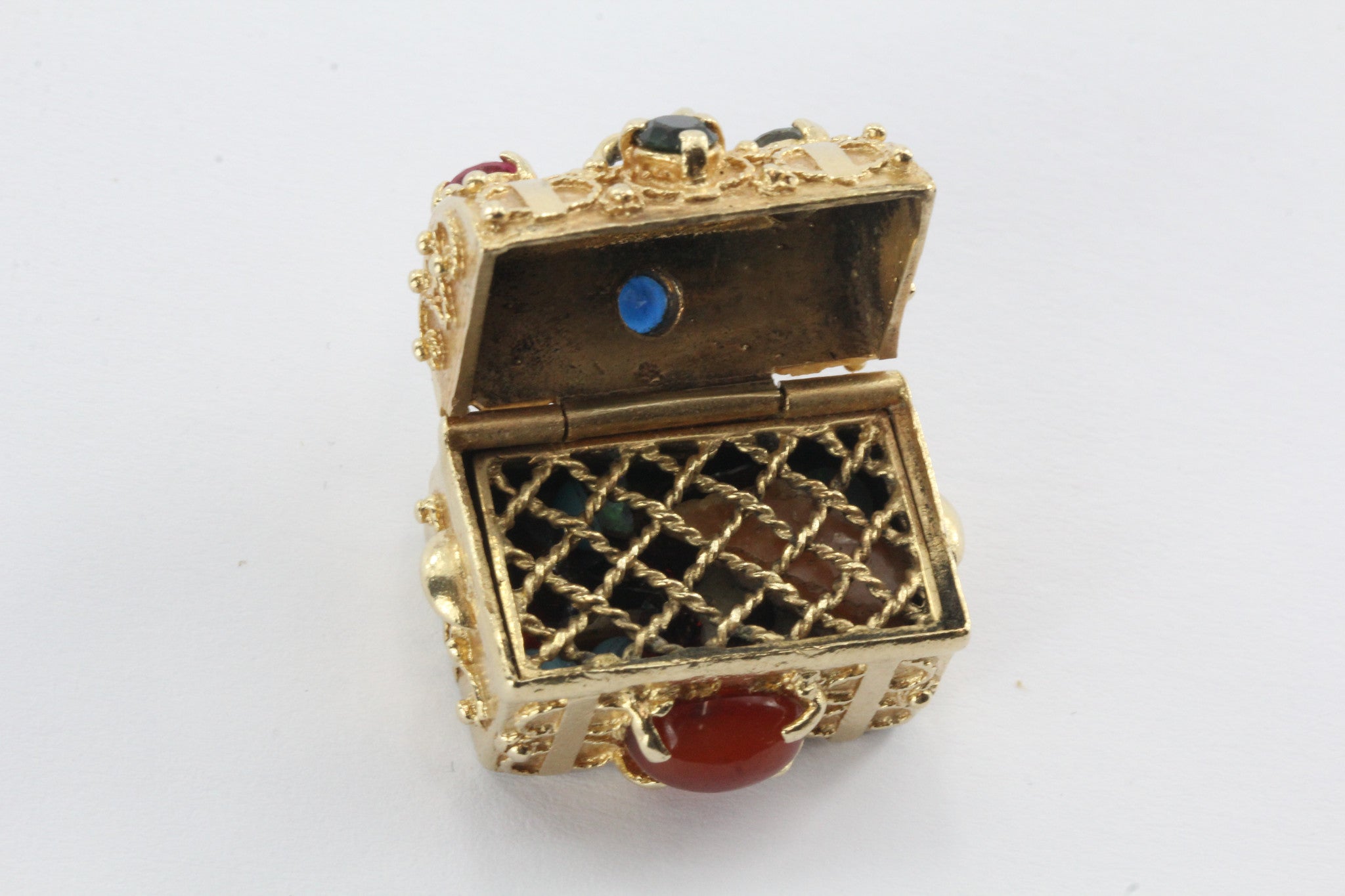 Vintage 14K Gold Gem Stone Studded Etruscan Treasure Chest Pendant Charm - Queen May