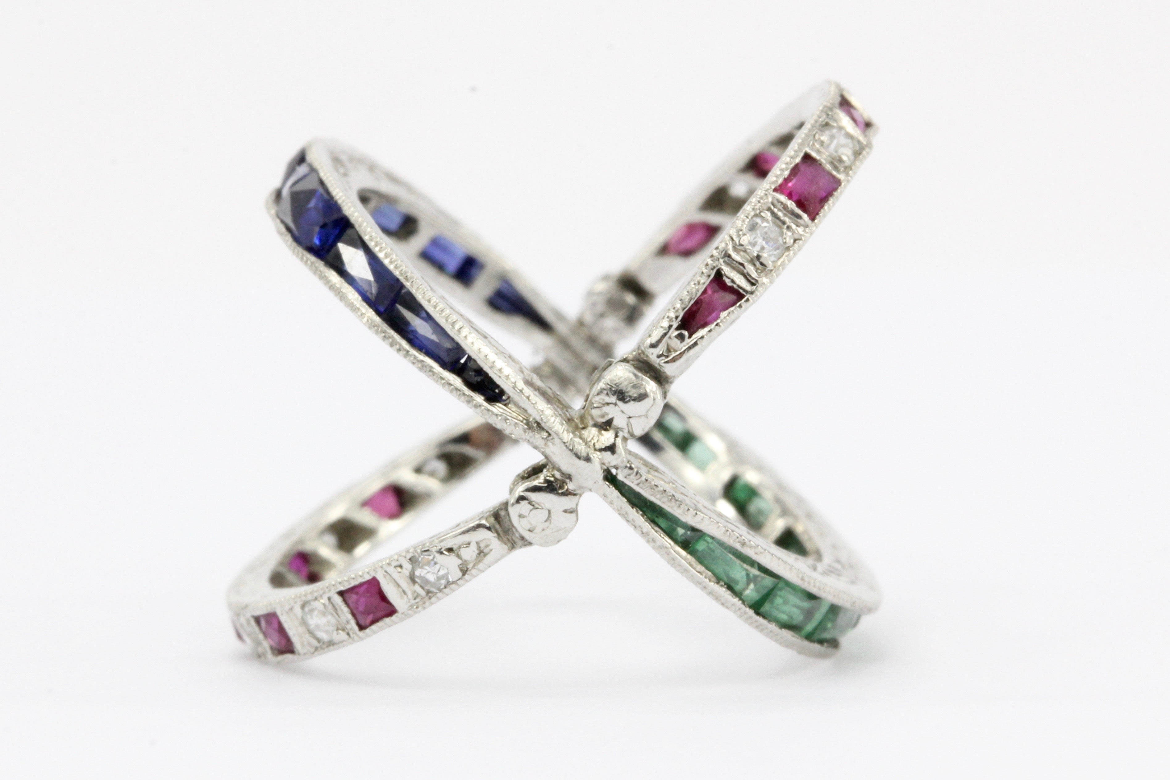 Art Deco Platinum Diamond Emerald Sapphire Ruby Flip Swivel Ring Eternity Band - Queen May