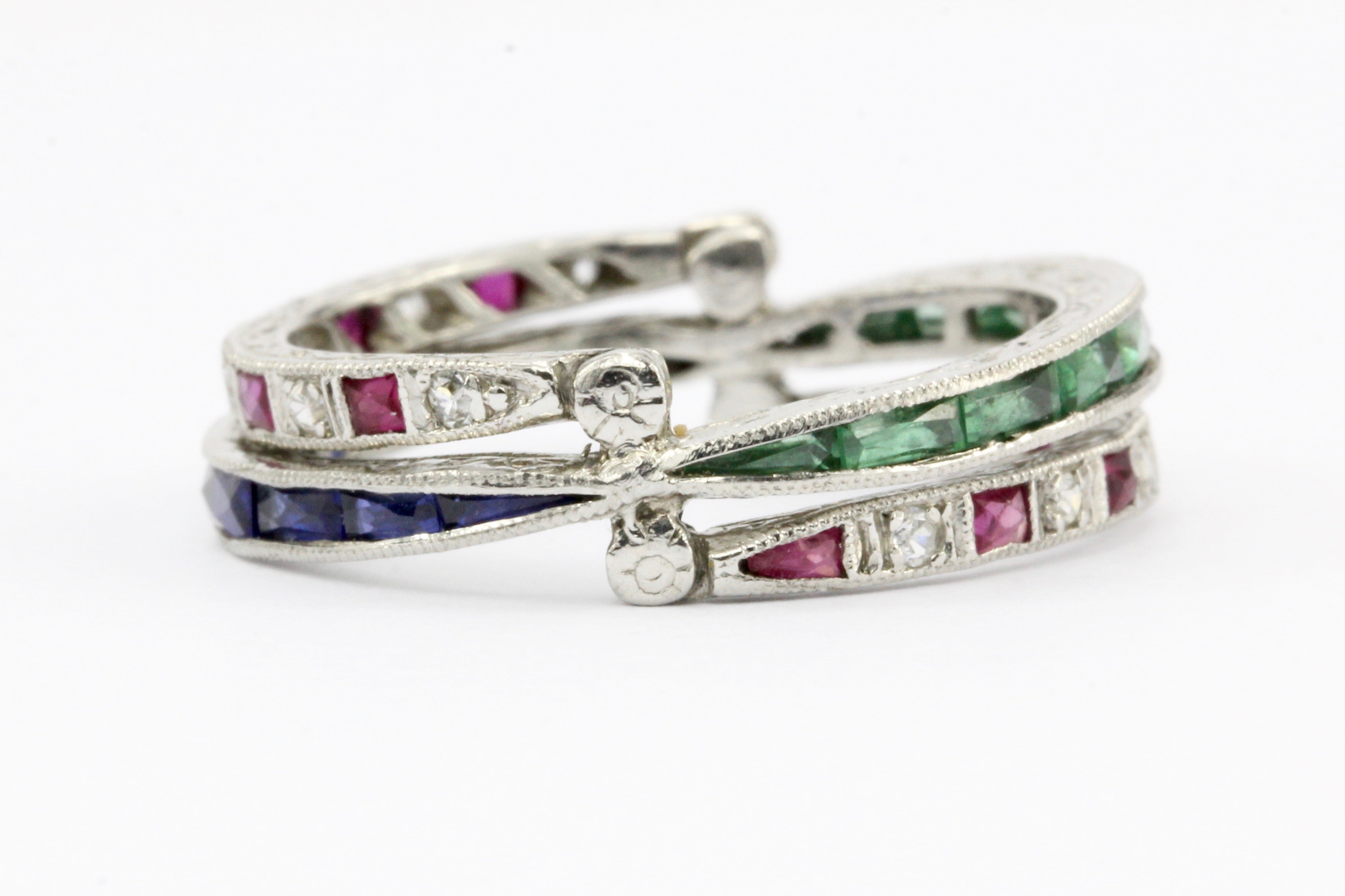 Art Deco Platinum Diamond Emerald Sapphire Ruby Flip Swivel Ring Eternity Band - Queen May