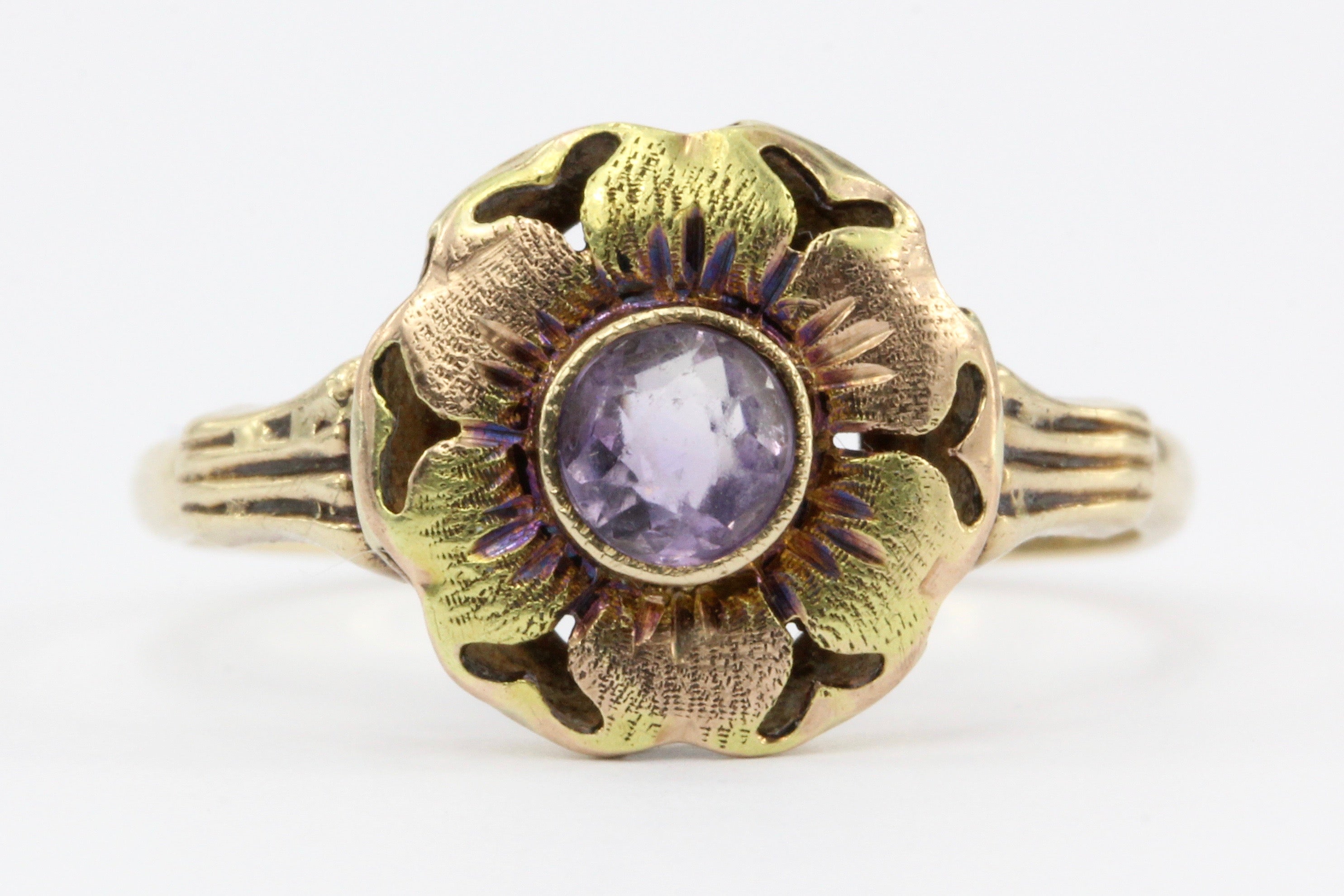 Art Deco ESEMCO 10K Rose & Green Gold Amethyst Flower Ring c.1920's - Queen May
