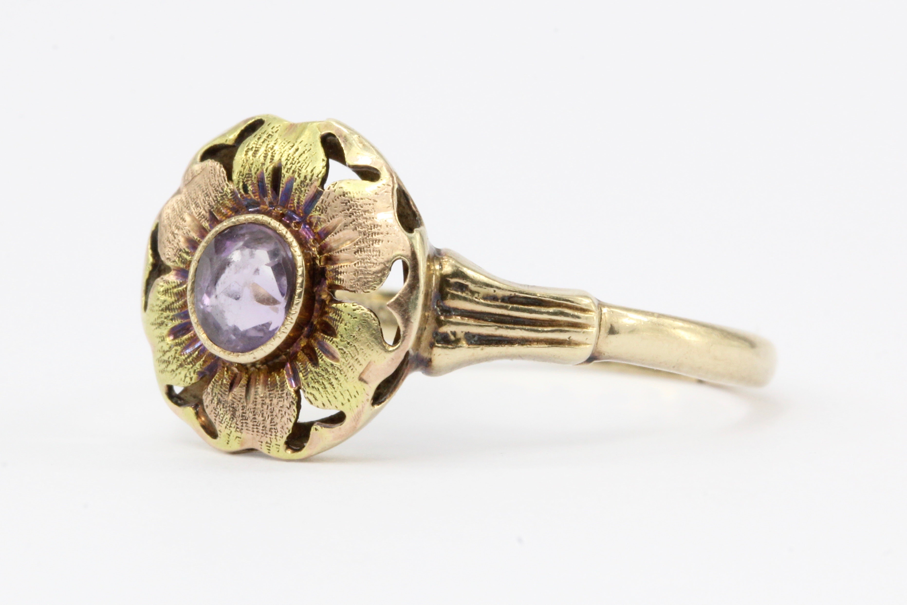 Art Deco ESEMCO 10K Rose & Green Gold Amethyst Flower Ring c.1920's - Queen May