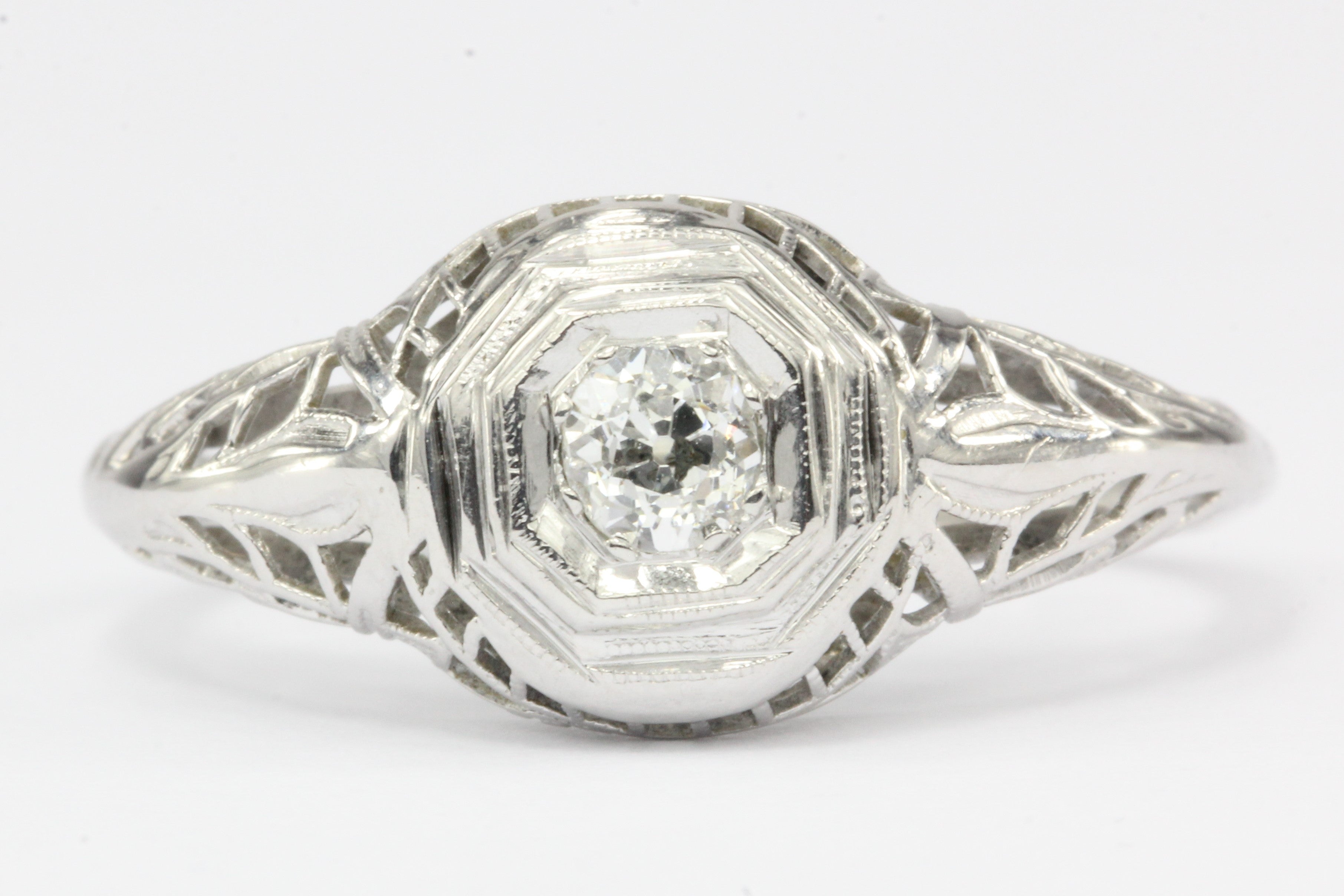 Art Deco 18K White Gold Old European Cut Diamond Engagement Ring c. 1920's - Queen May