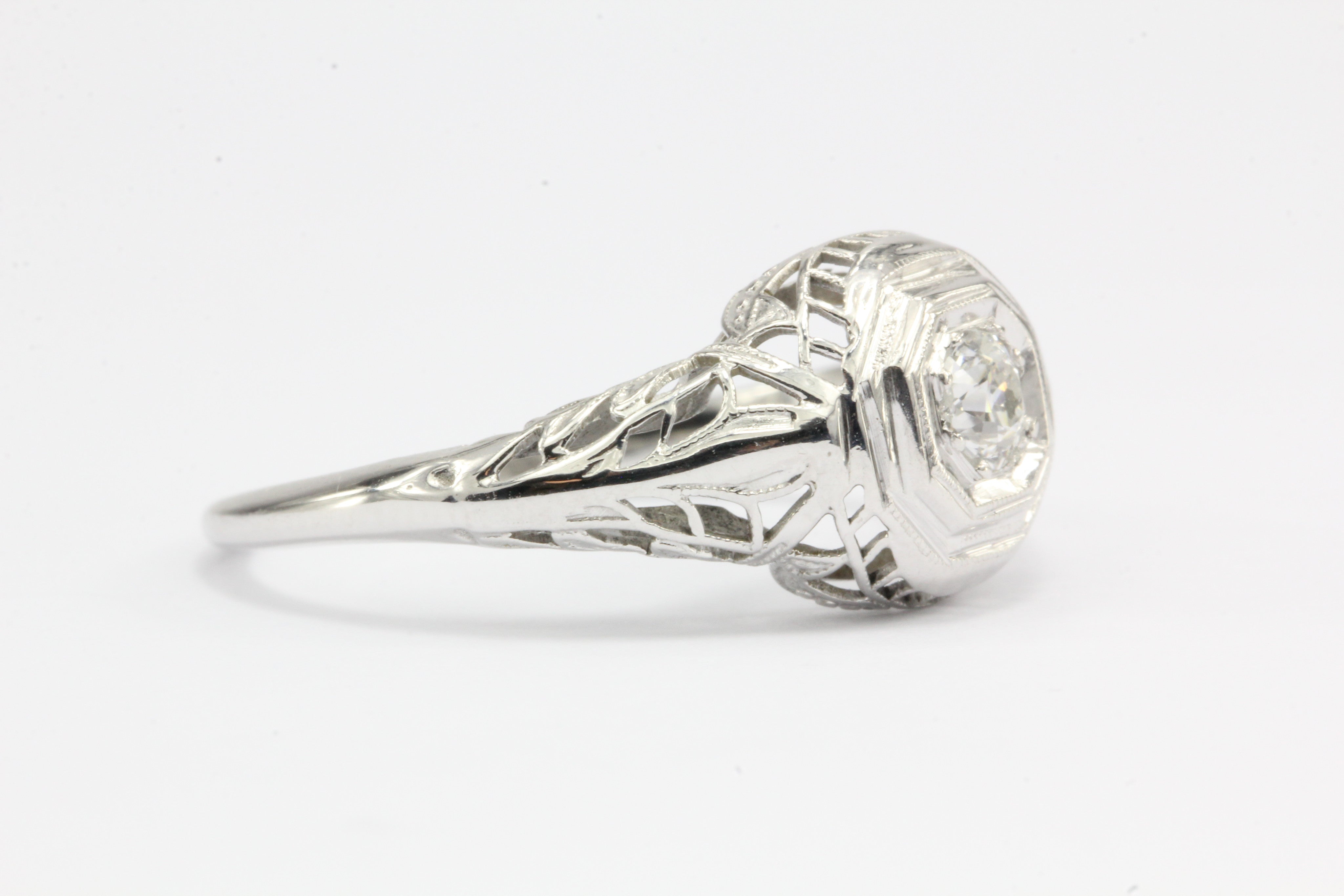 Art Deco 18K White Gold Old European Cut Diamond Engagement Ring c. 1920's - Queen May