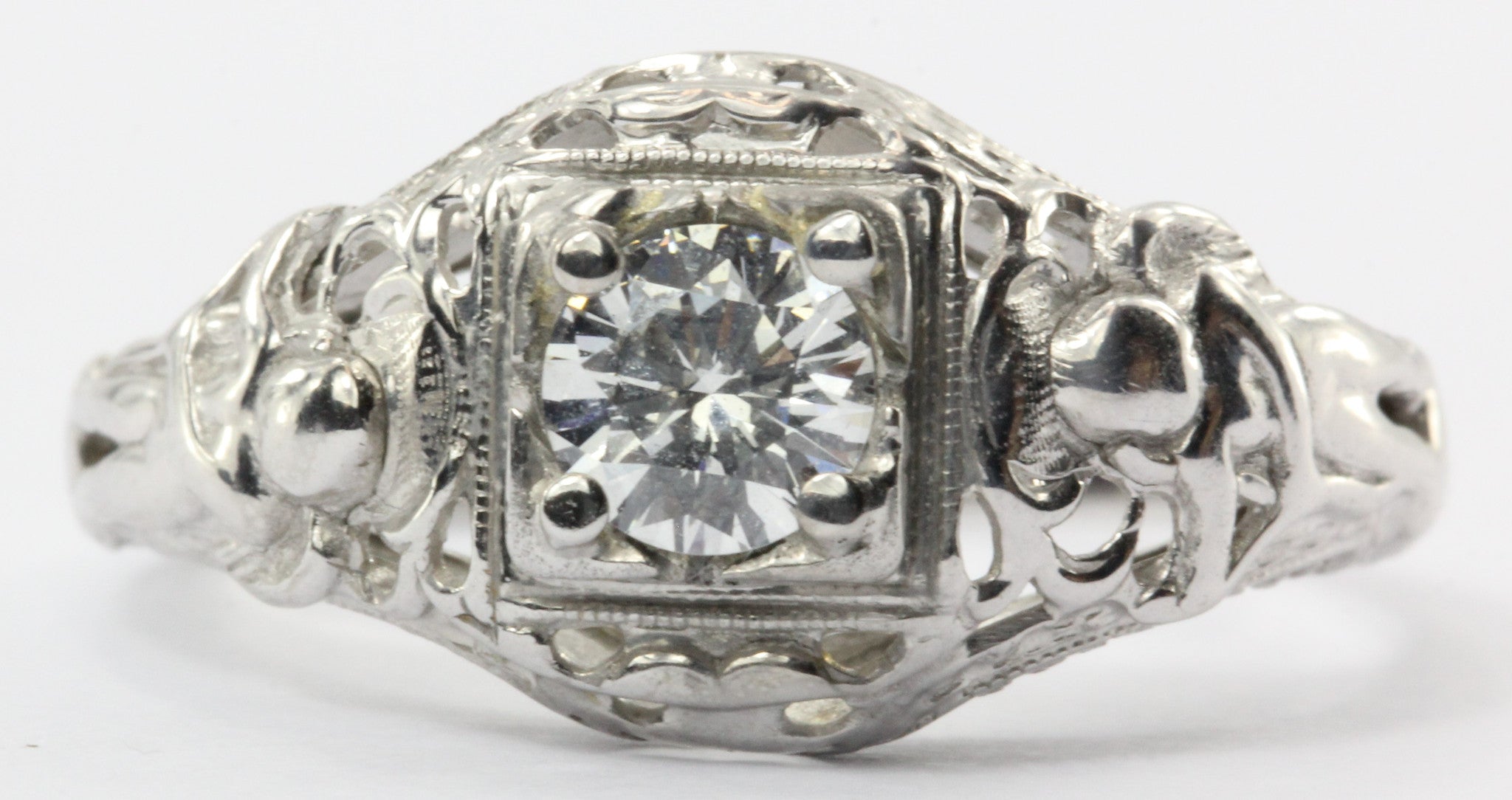 Antique Art Nouveau Figural 18K White Gold Angel Diamond Engagement Ring - Queen May