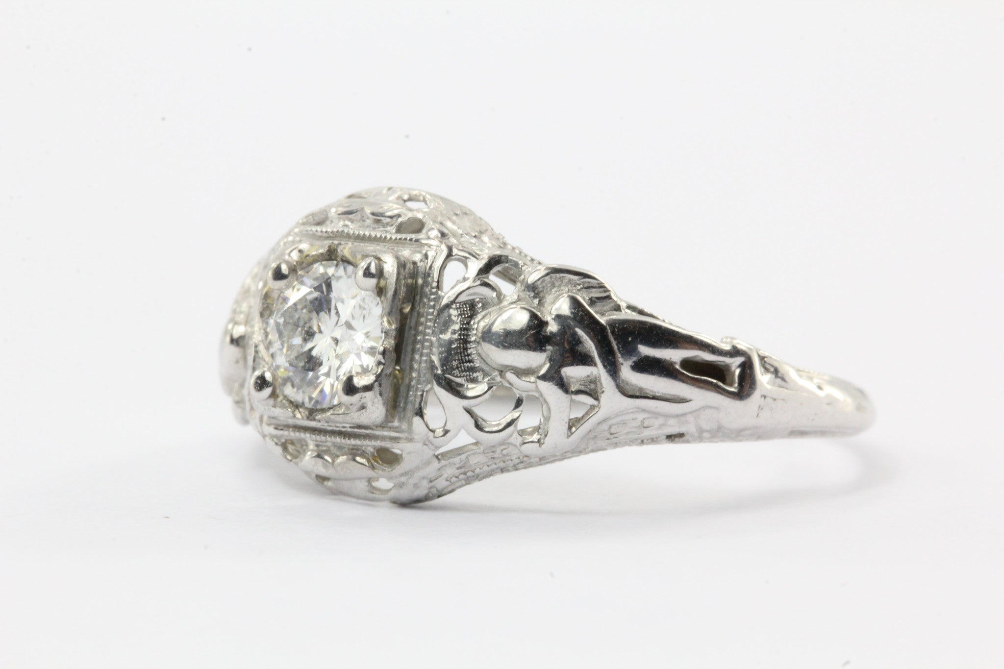 Antique Art Nouveau Figural 18K White Gold Angel Diamond Engagement Ring - Queen May