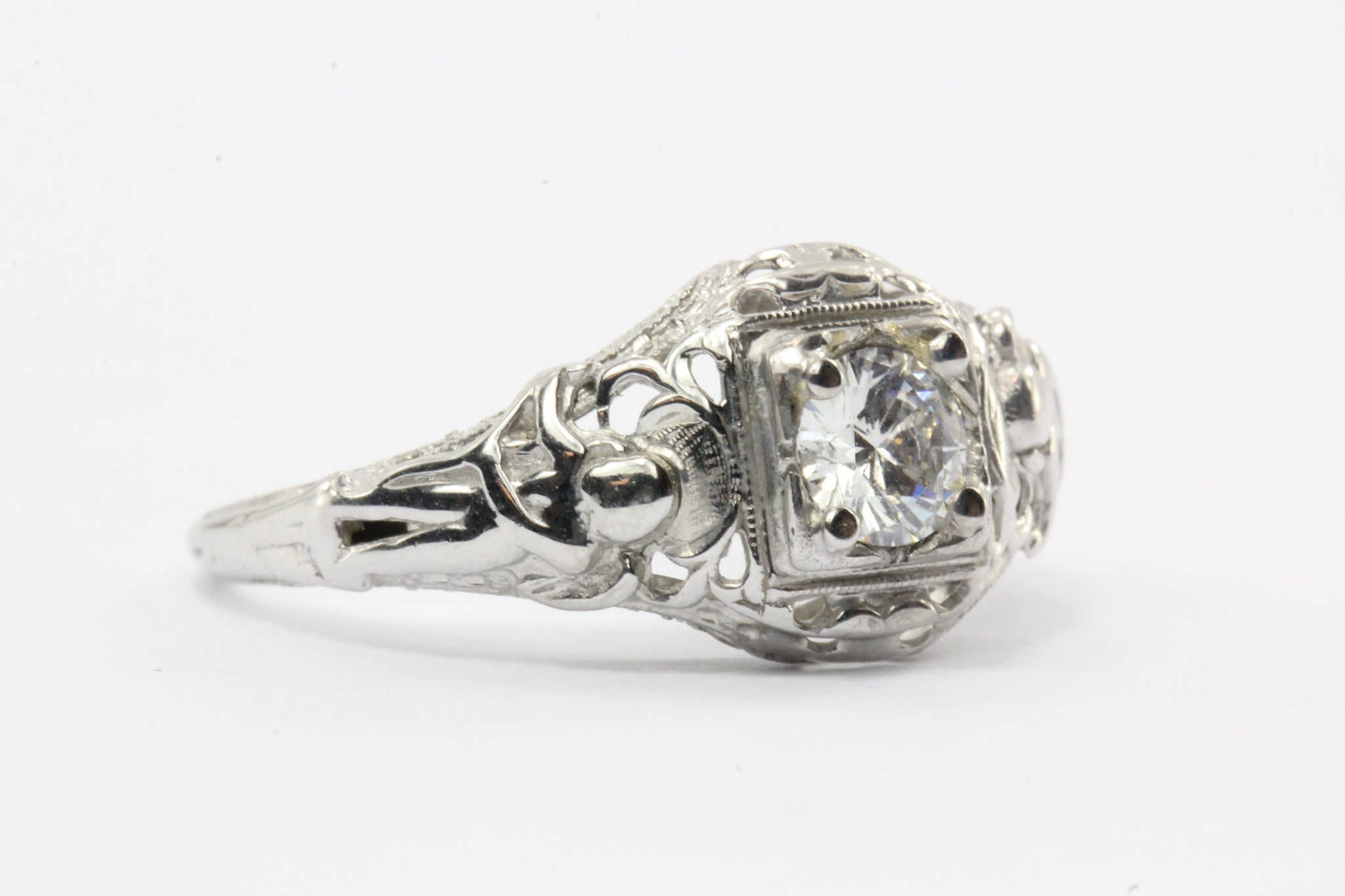 Antique Art Nouveau Figural 18K White Gold Angel Diamond Engagement Ring - Queen May