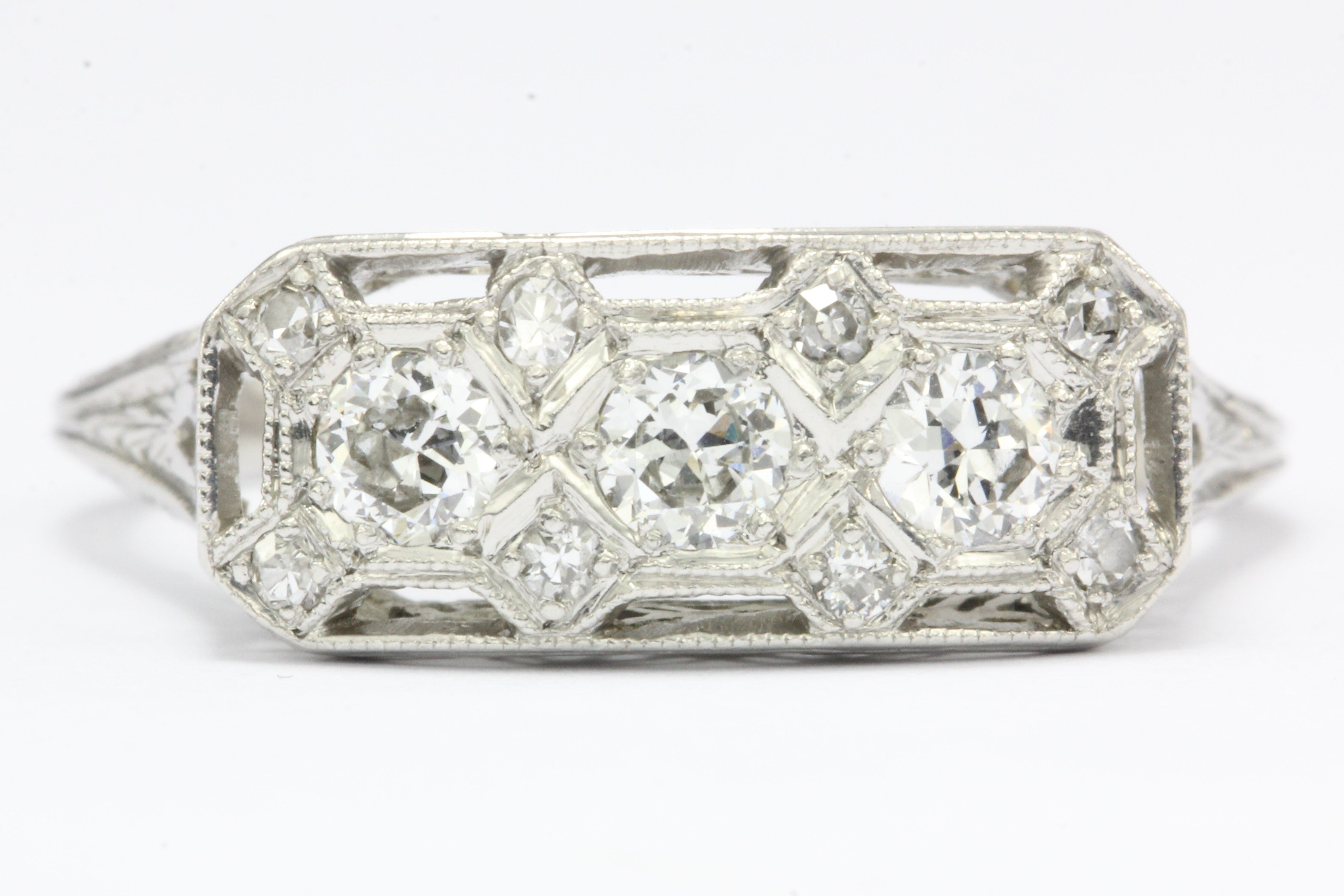Art Deco Platinum Old European Diamond Three Stone Engagement Ring - Queen May