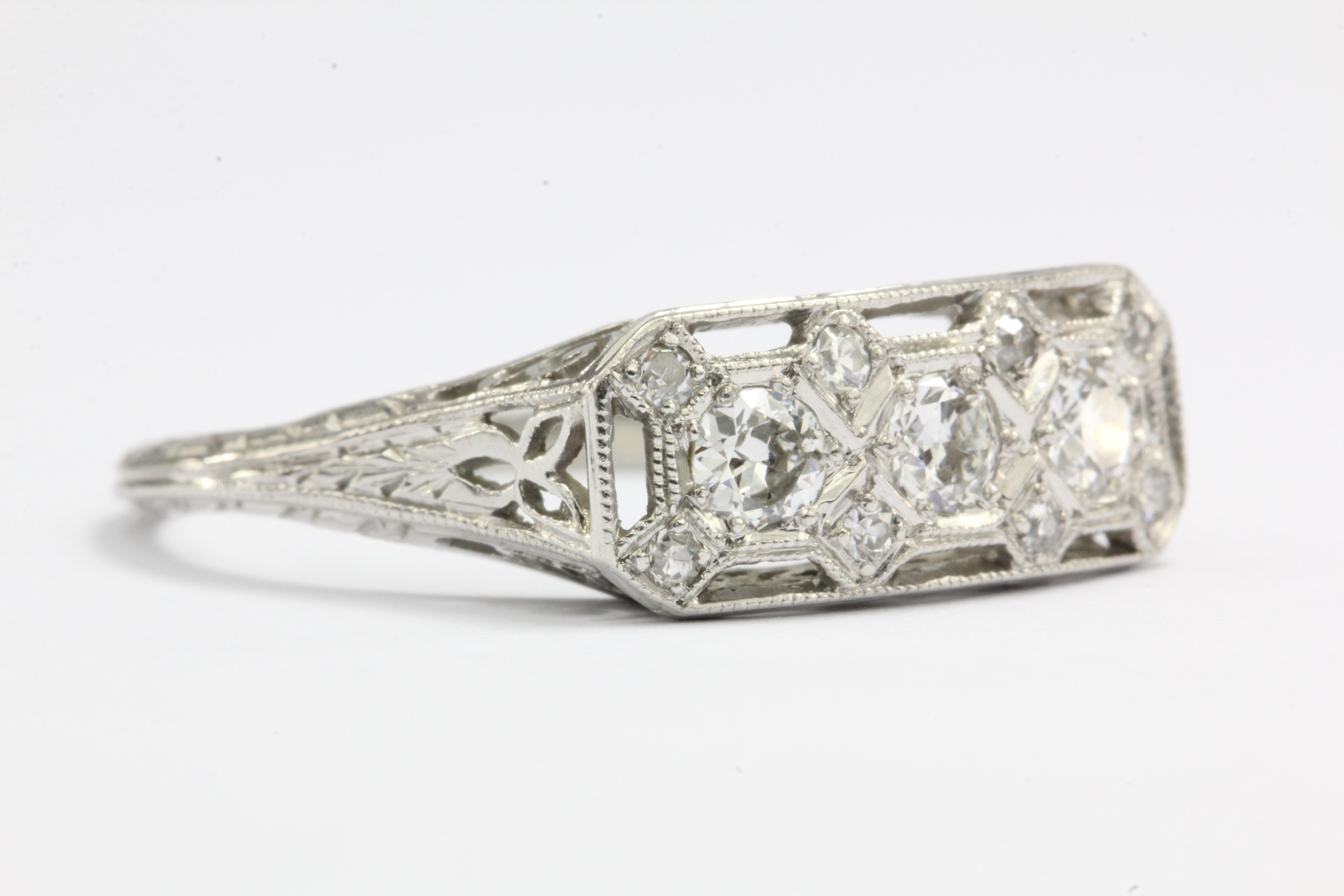 Art Deco Platinum Old European Diamond Three Stone Engagement Ring - Queen May