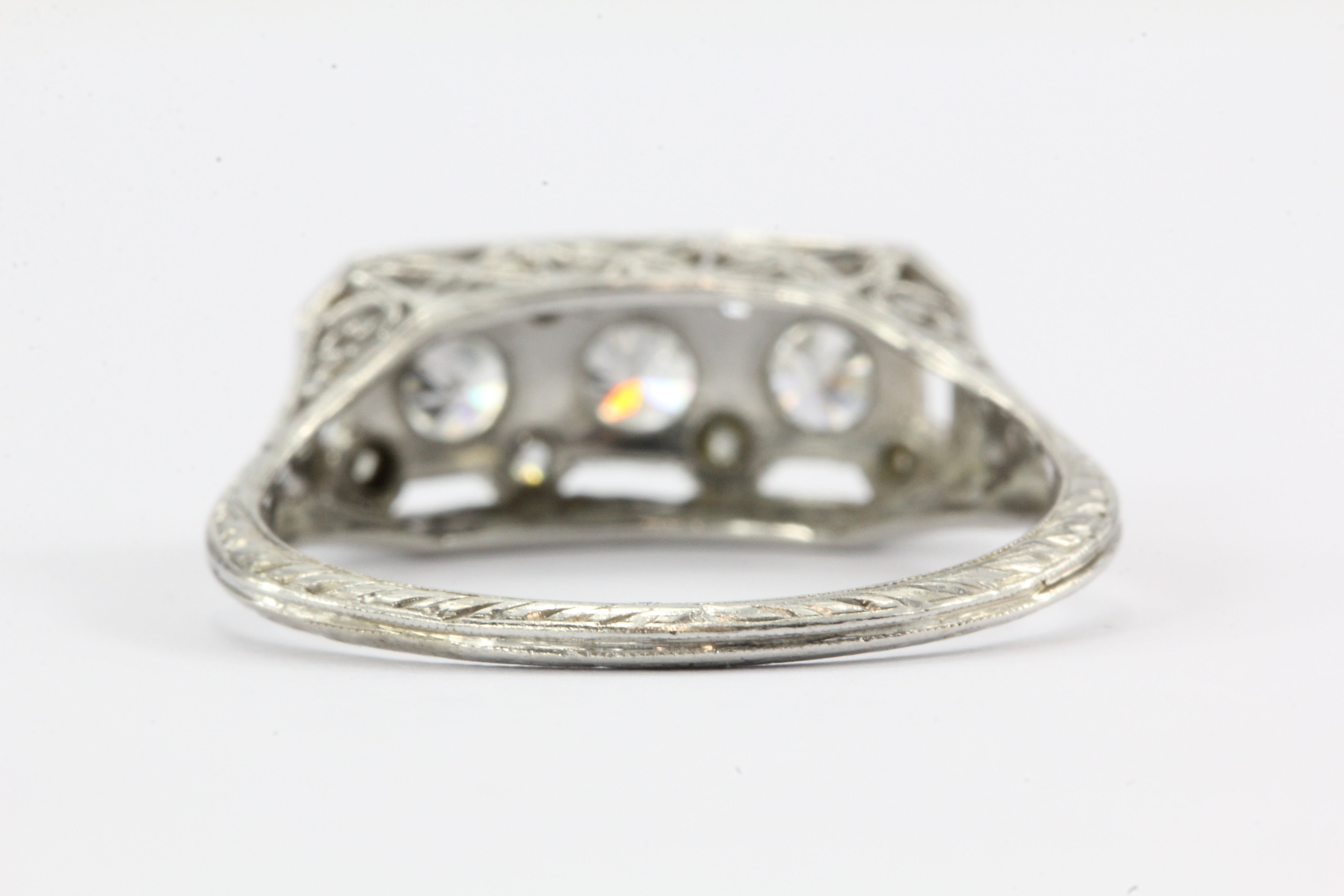 Art Deco Platinum Old European Diamond Three Stone Engagement Ring - Queen May