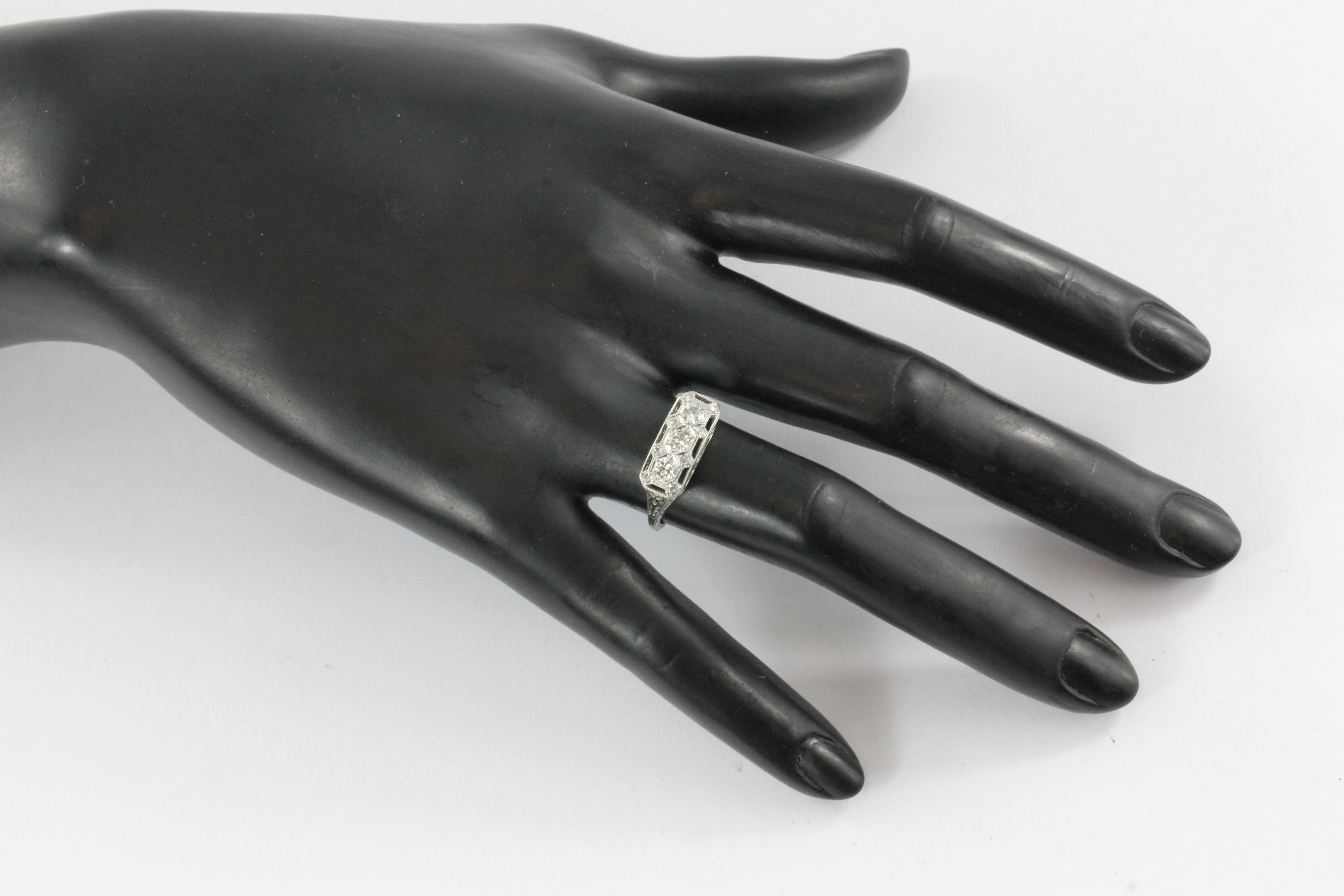 Art Deco Platinum Old European Diamond Three Stone Engagement Ring - Queen May