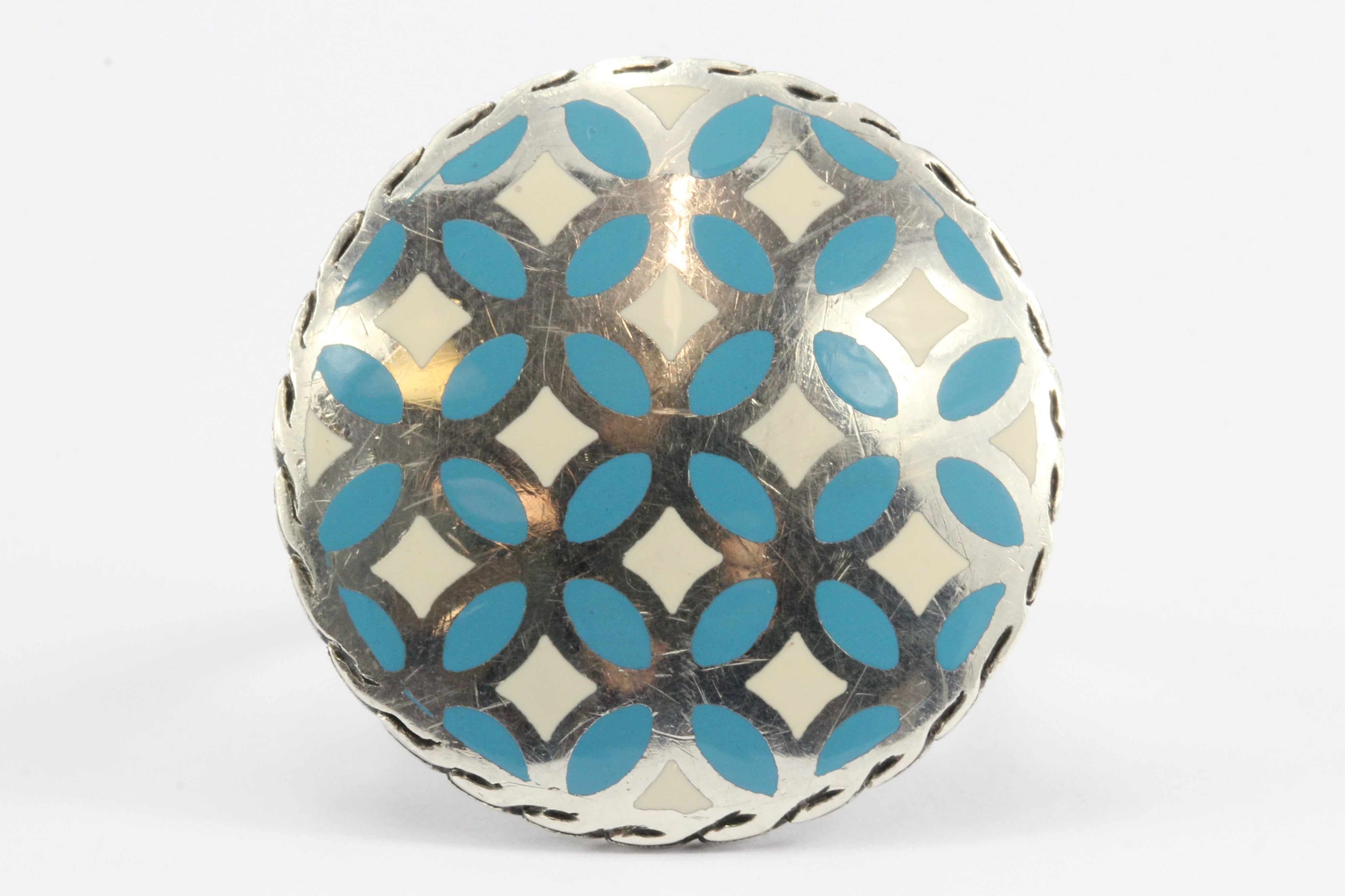 John Hardy Sterling Silver Blue & White Enamel Disk Kawung Ring size 7 - Queen May