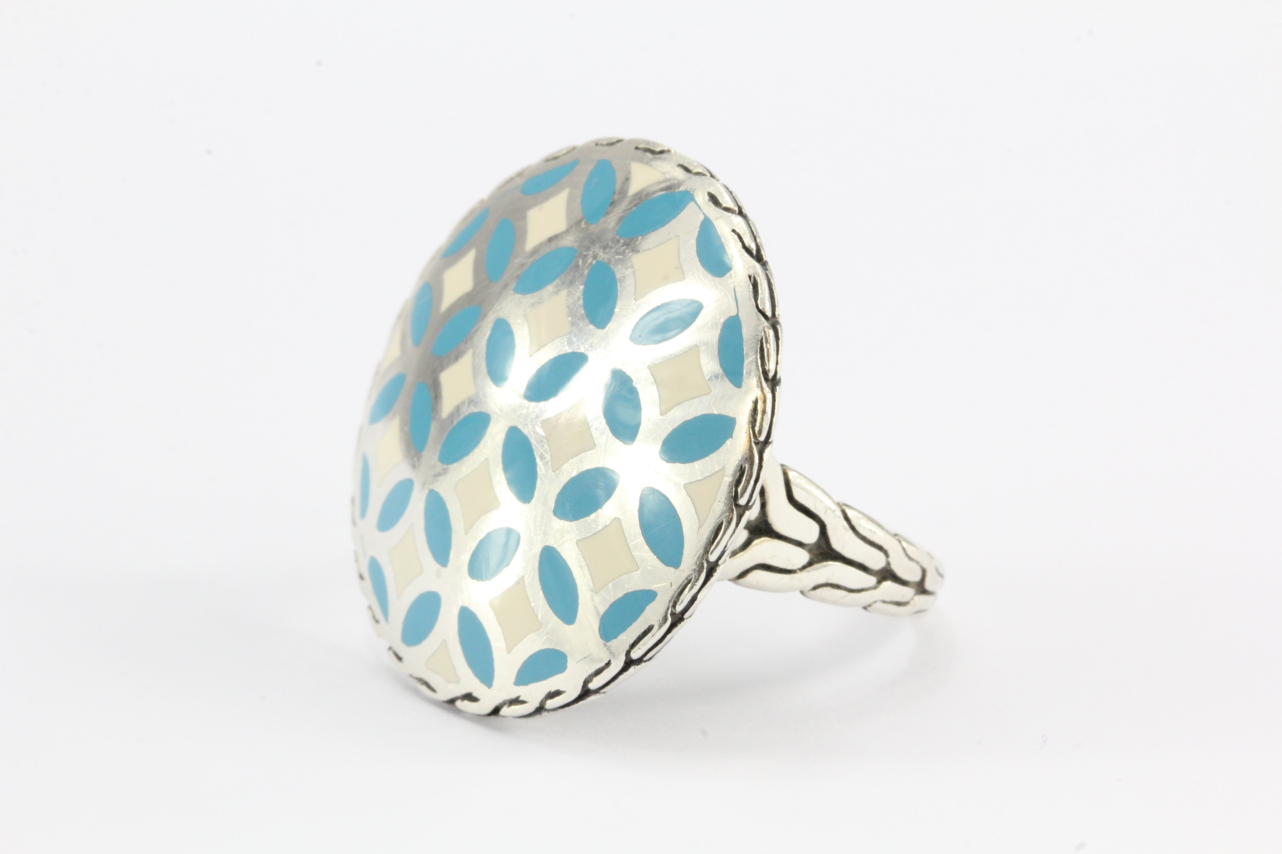 John Hardy Sterling Silver Blue & White Enamel Disk Kawung Ring size 7 - Queen May