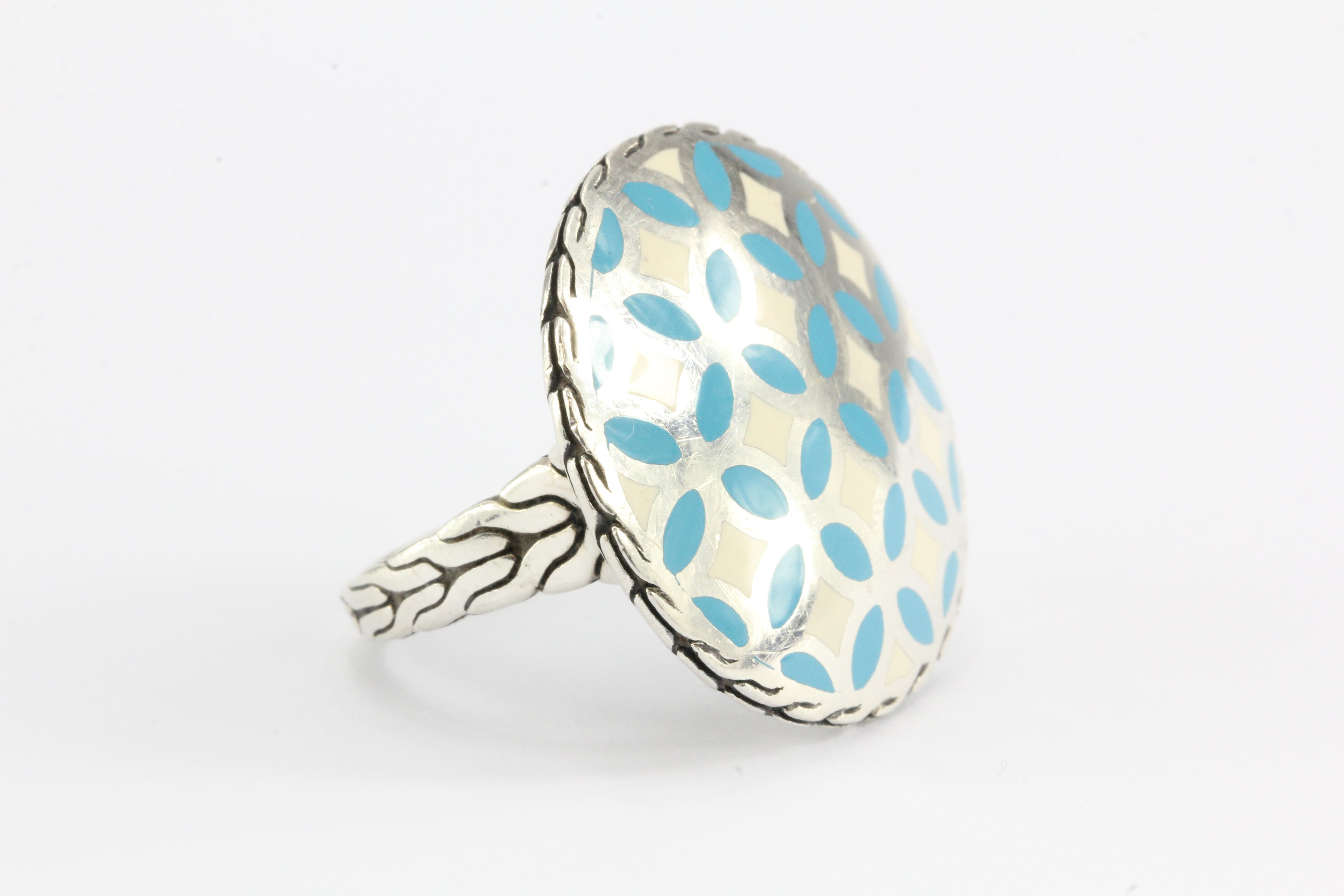 John Hardy Sterling Silver Blue & White Enamel Disk Kawung Ring size 7 - Queen May