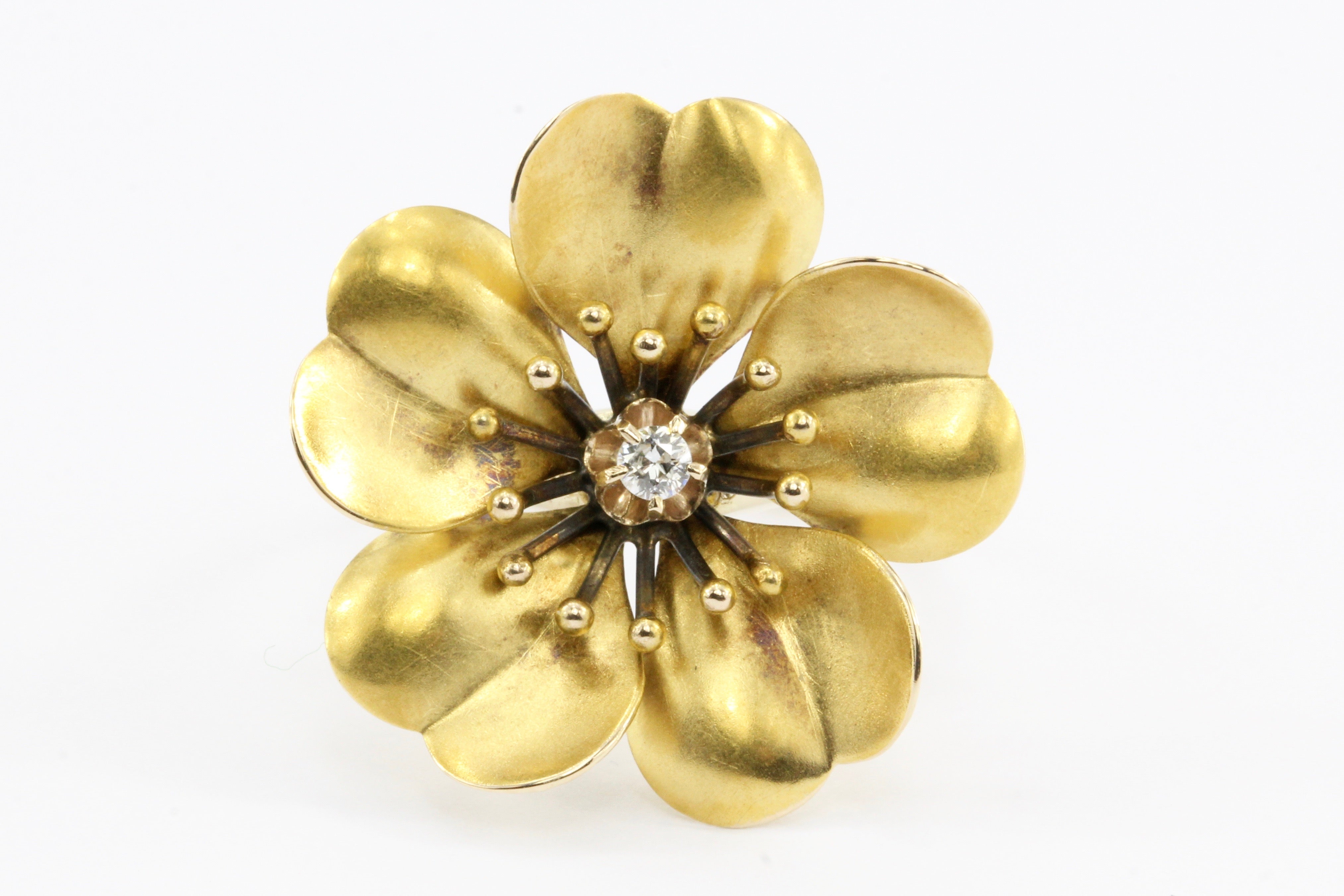 Victorian 10K Gold Old European Cut Diamond Flower Ring - Queen May