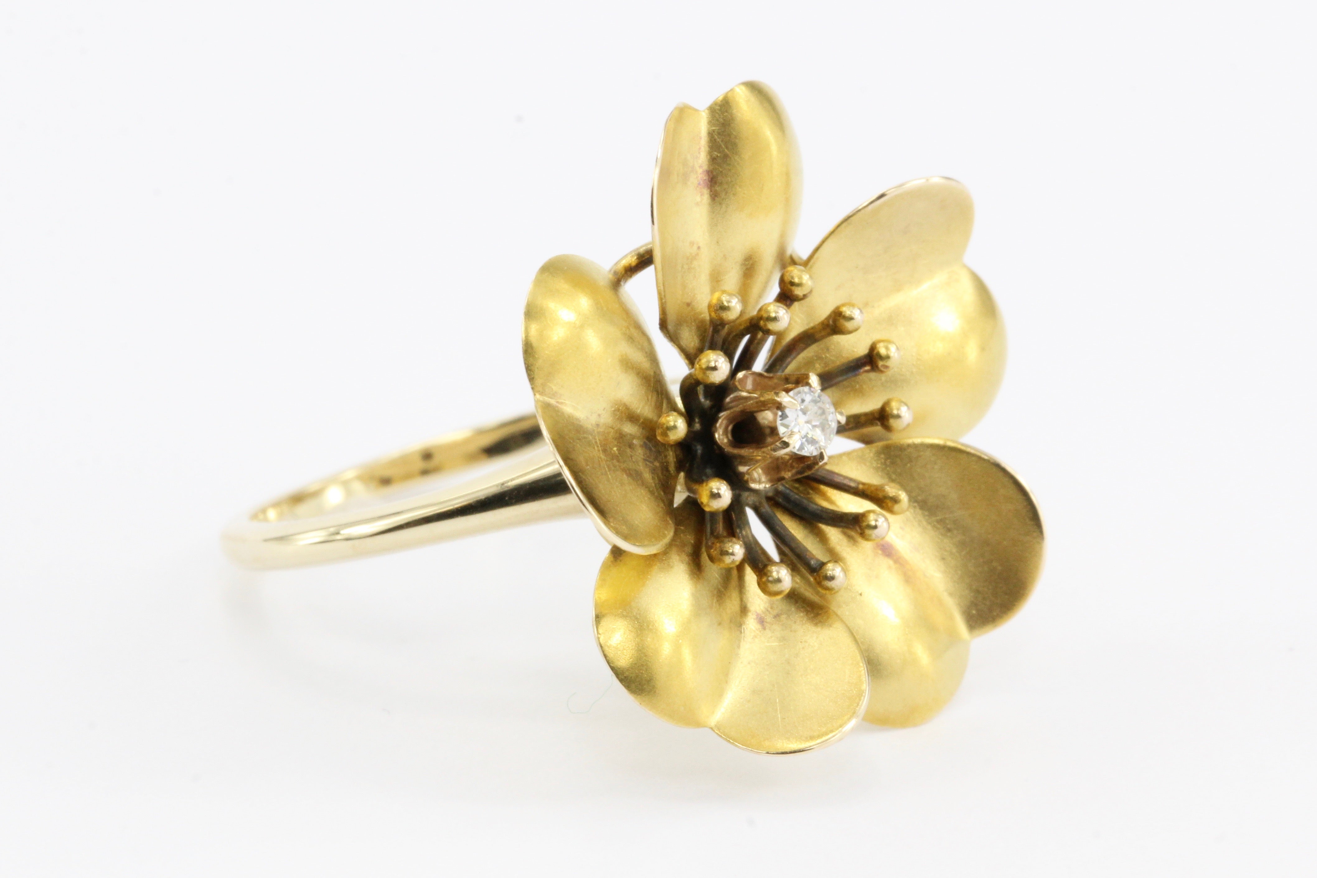 Victorian 10K Gold Old European Cut Diamond Flower Ring - Queen May