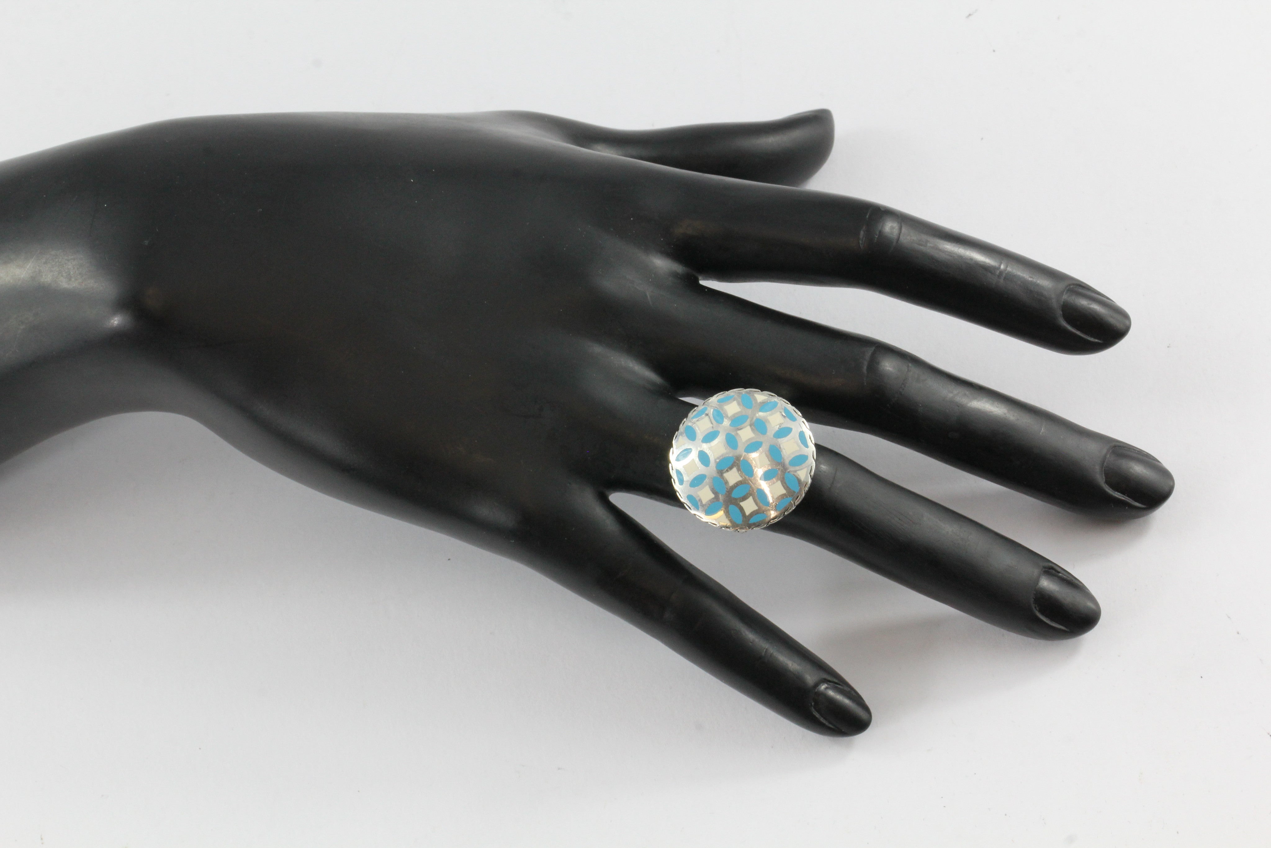 John Hardy Sterling Silver Blue & White Enamel Disk Kawung Ring size 7 - Queen May