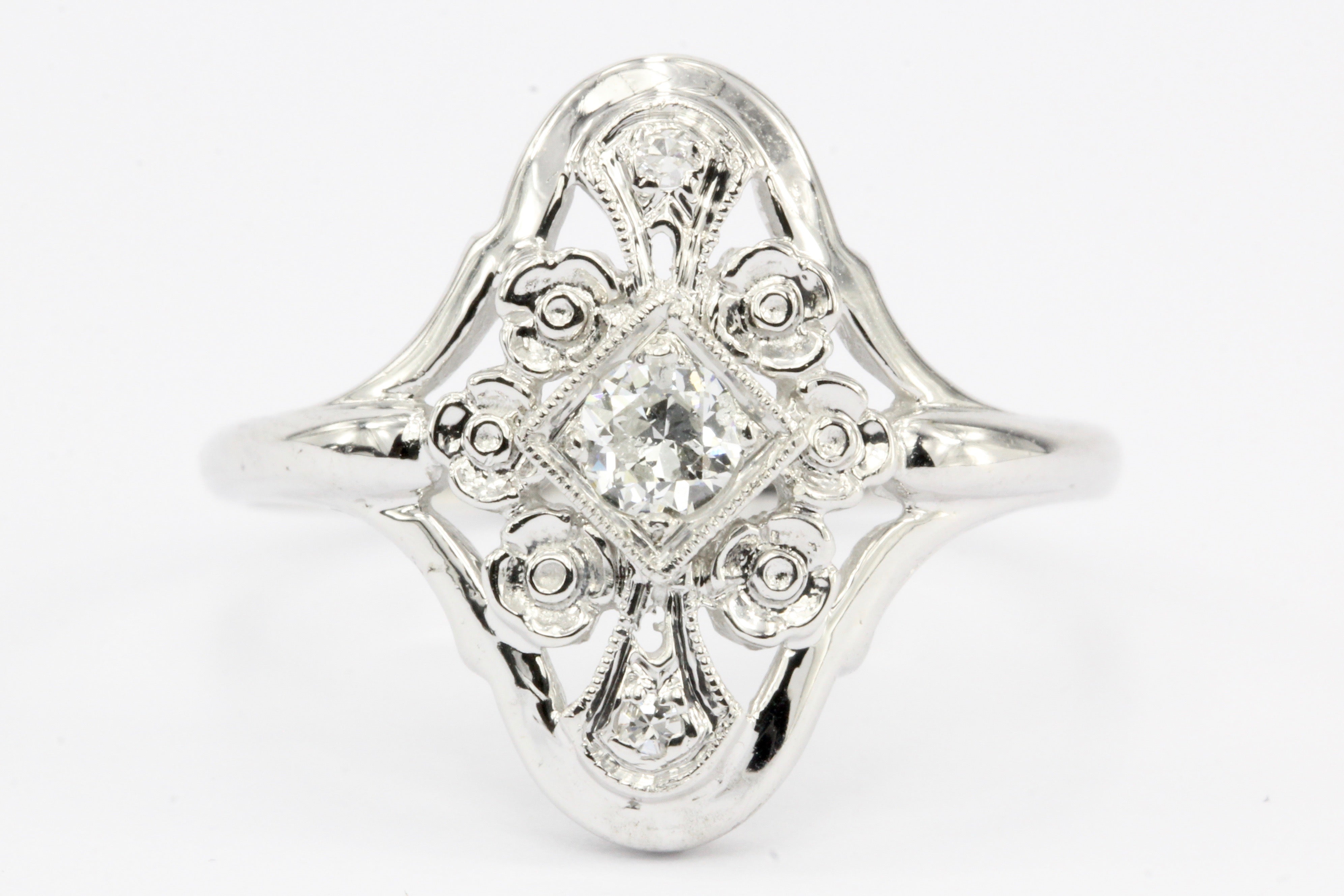 Art Deco 14K White Gold Old European Cut Diamond Engagement Ring c.1920's - Queen May