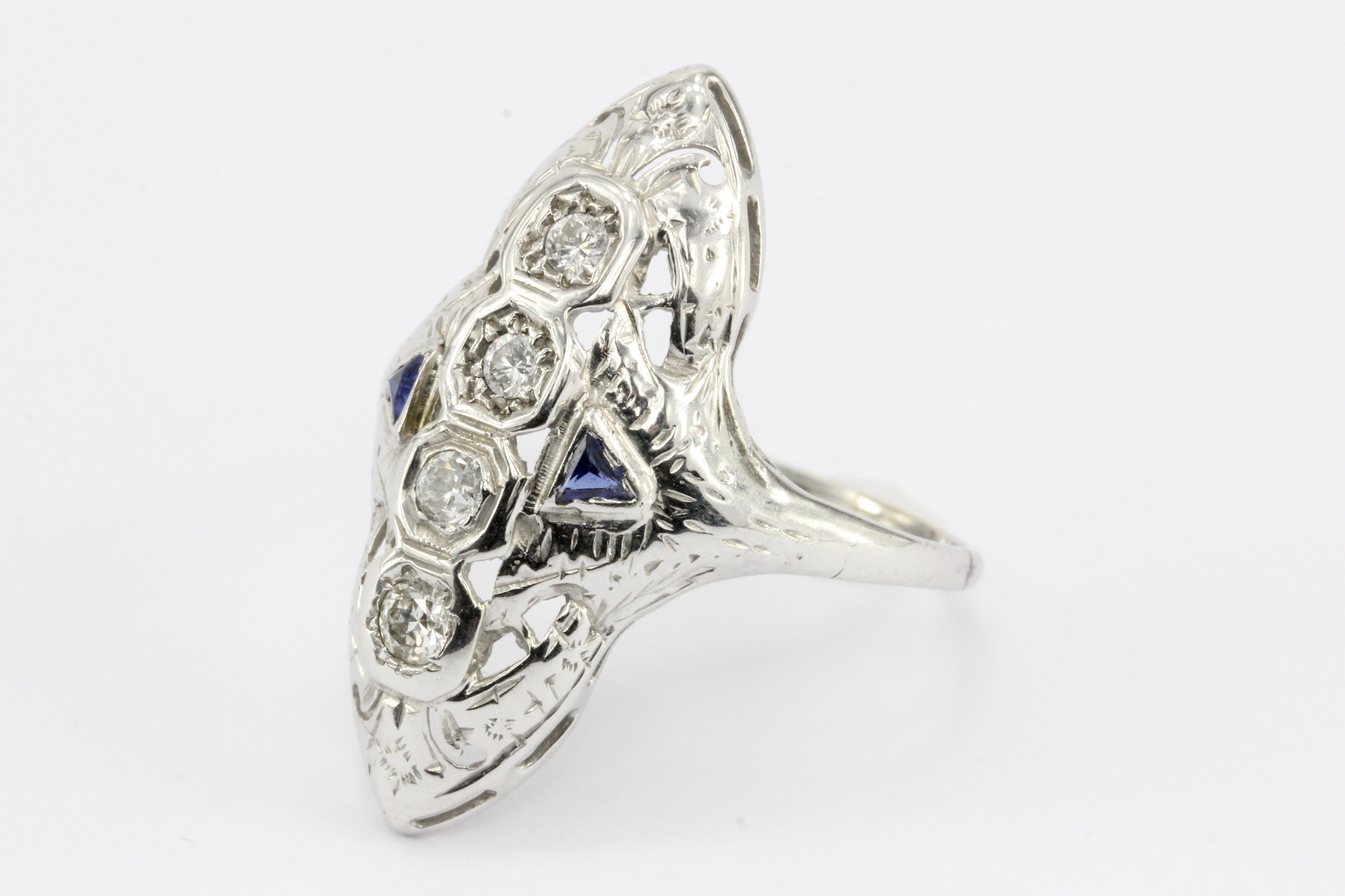 Art Deco 14K White Gold 4 Stone Diamond & Sapphire Shield Ring c.1930's - Queen May