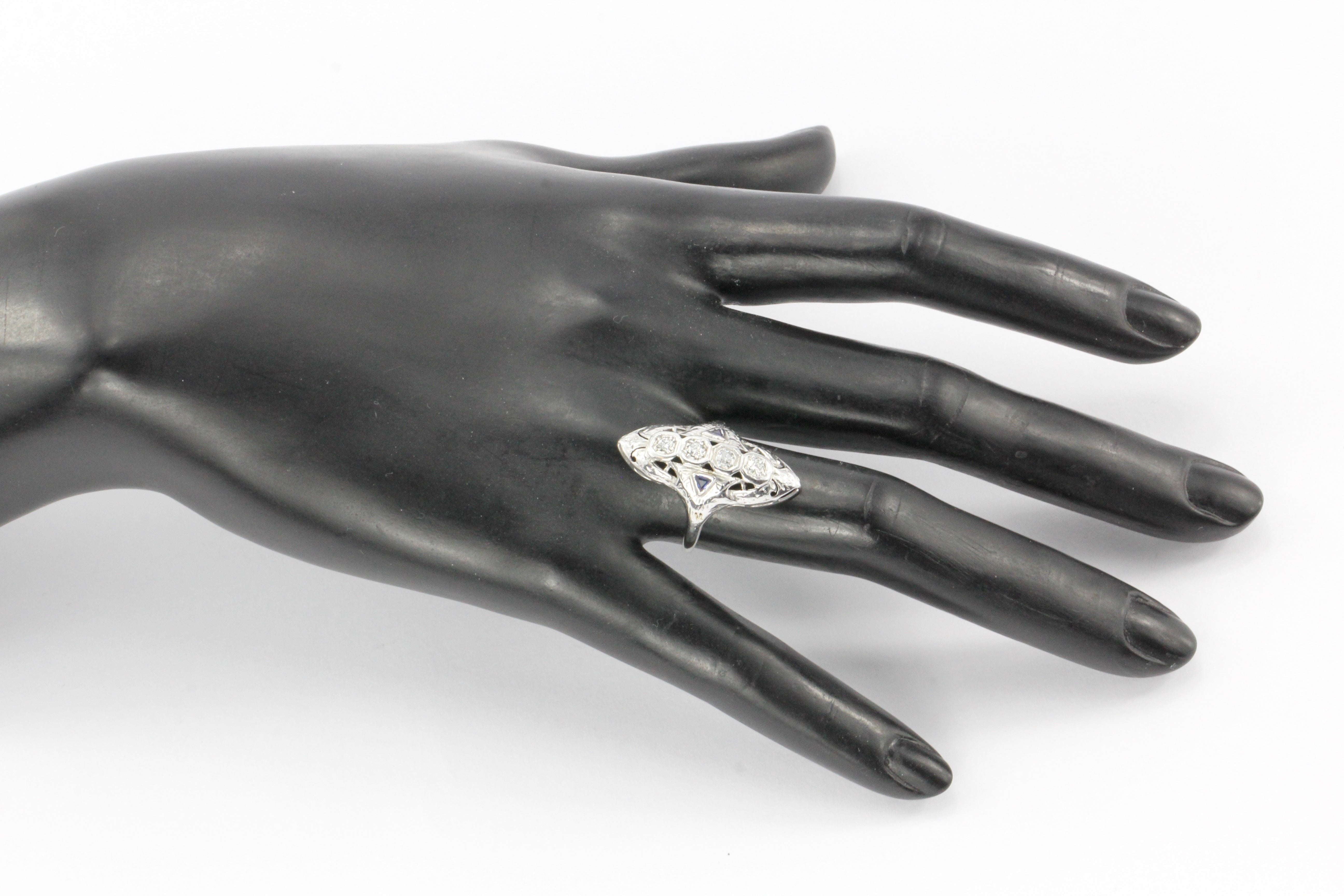 Art Deco 14K White Gold 4 Stone Diamond & Sapphire Shield Ring c.1930's - Queen May
