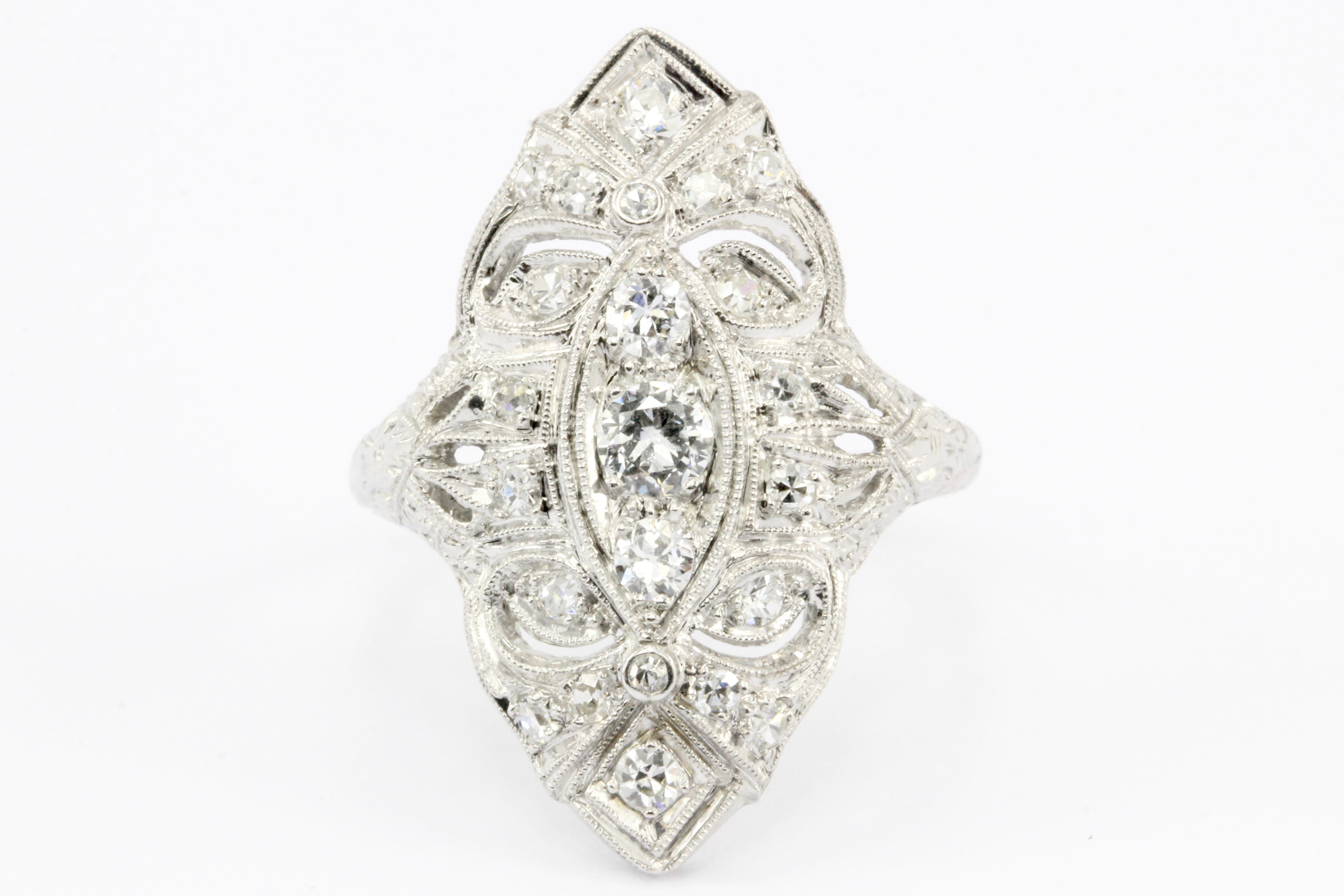 Art Deco Platinum Old European Cut Diamond Filigree Shield Ring c.1920's - Queen May