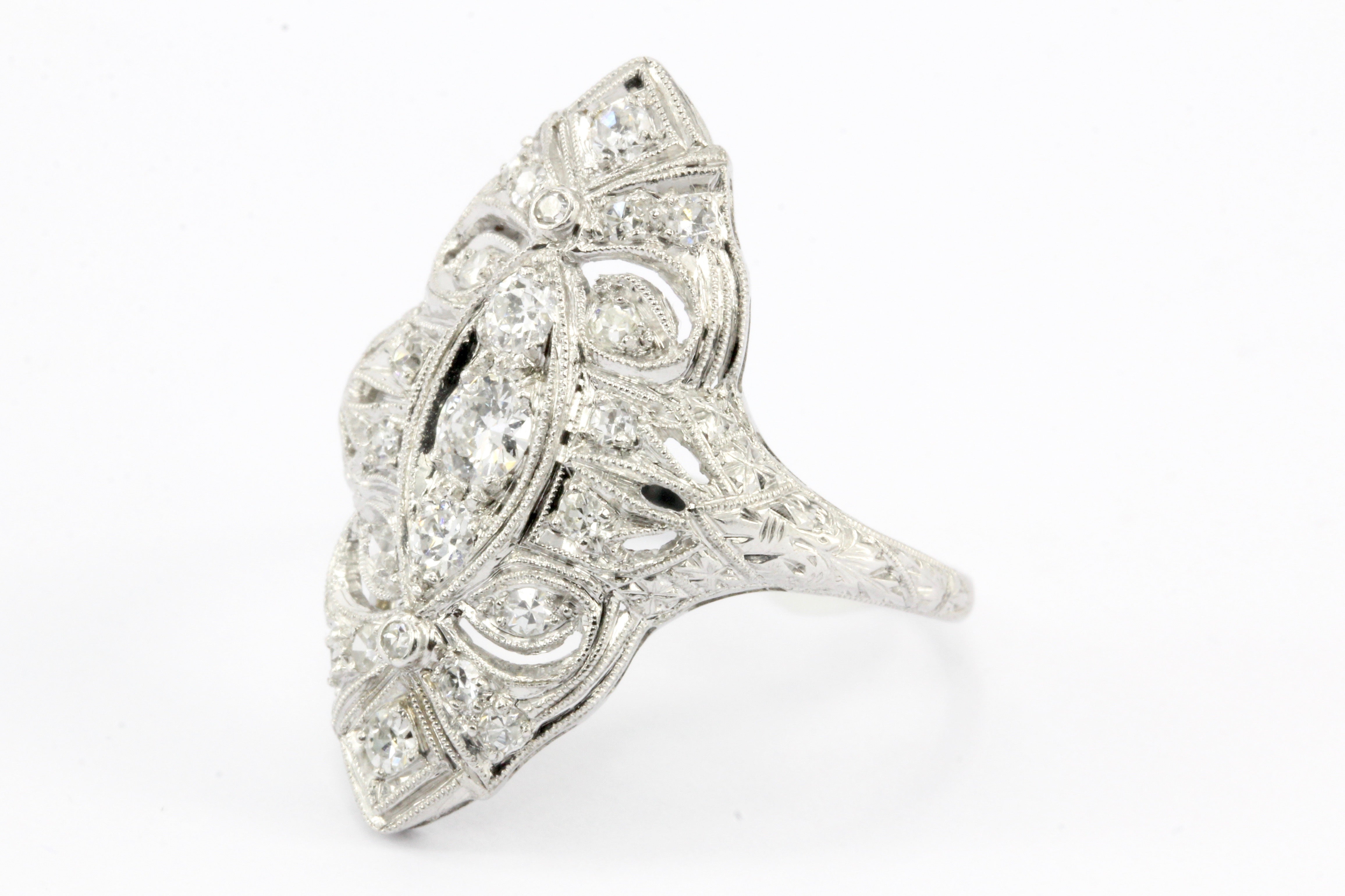 Art Deco Platinum Old European Cut Diamond Filigree Shield Ring c.1920's - Queen May