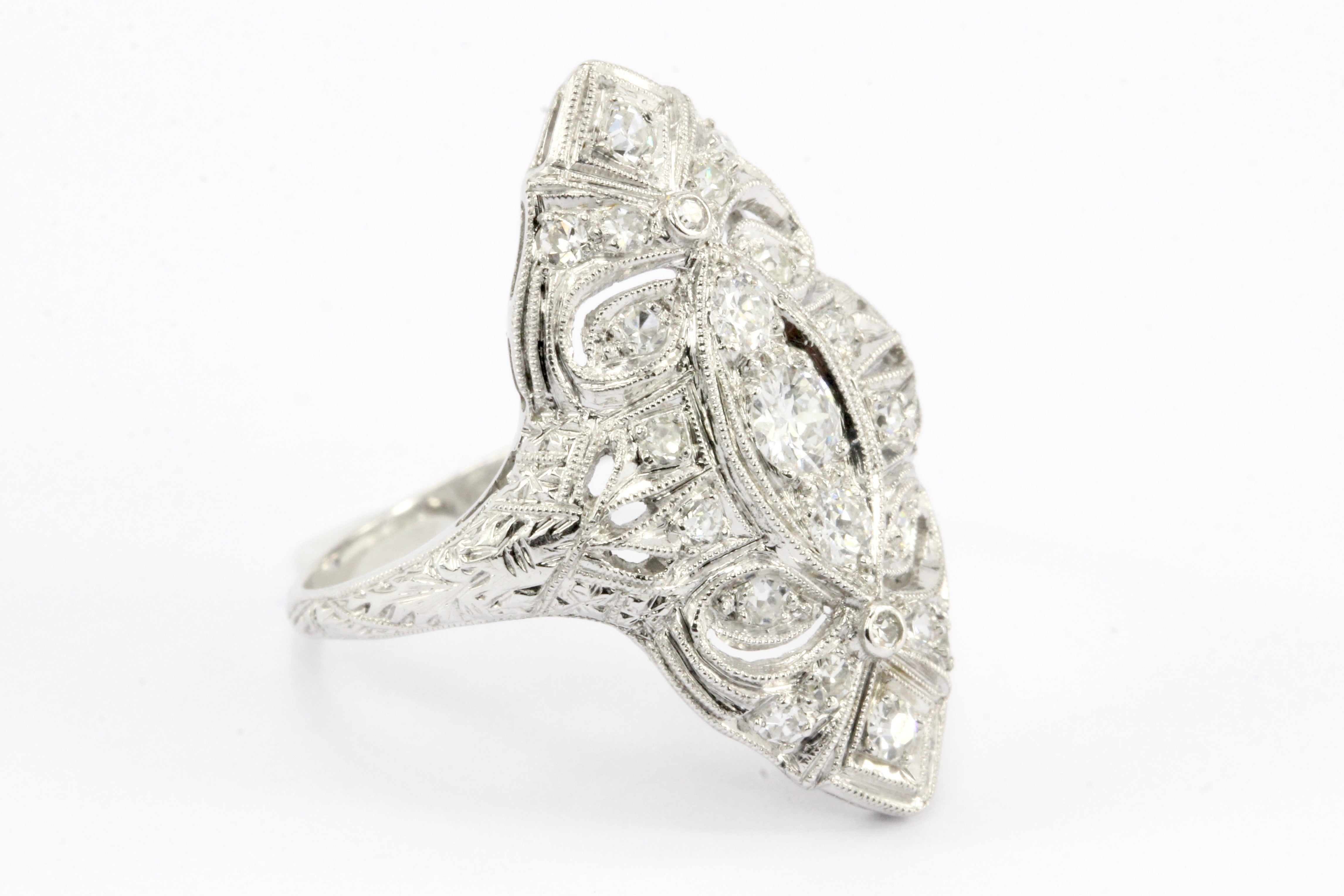 Art Deco Platinum Old European Cut Diamond Filigree Shield Ring c.1920's - Queen May