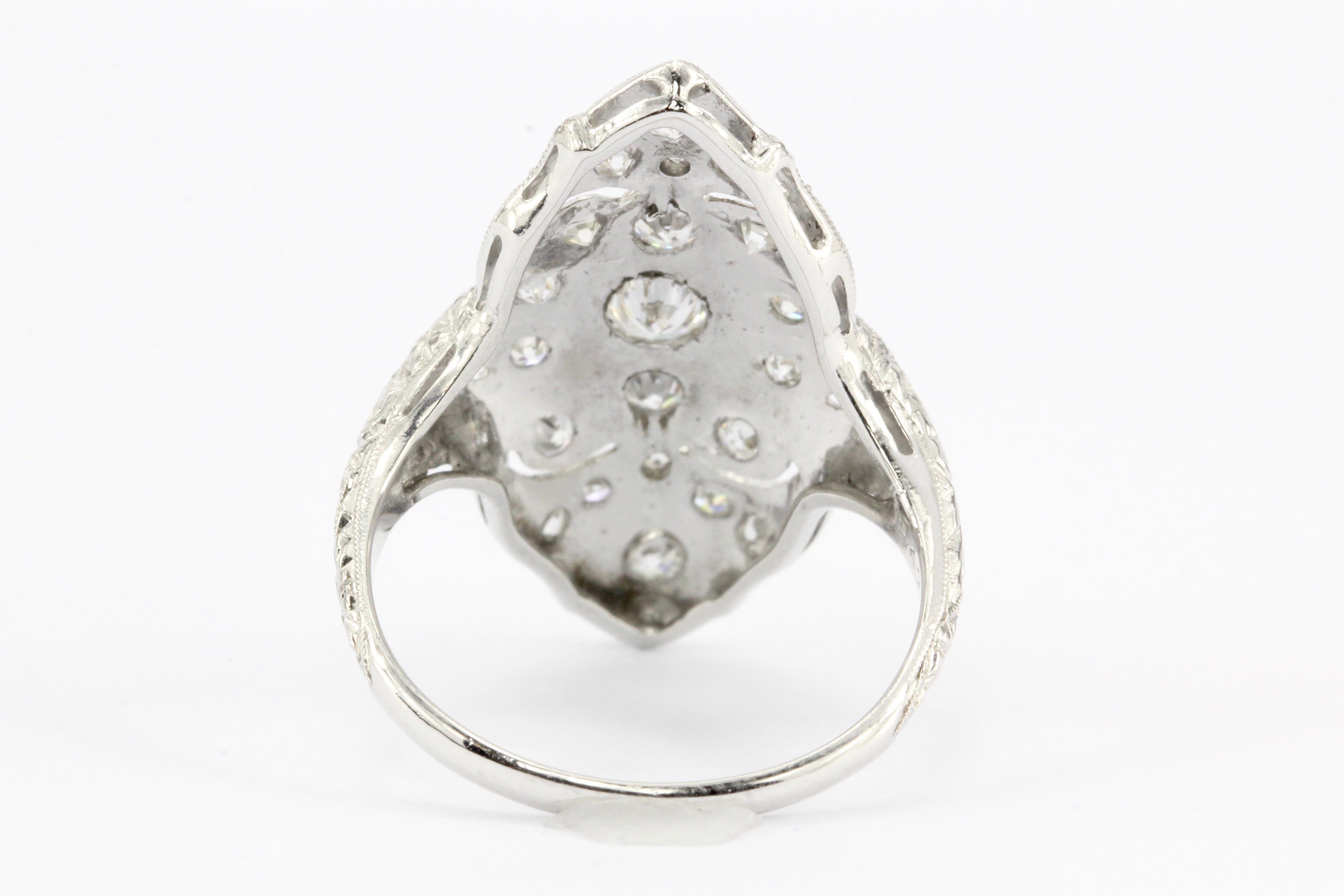Art Deco Platinum Old European Cut Diamond Filigree Shield Ring c.1920's - Queen May