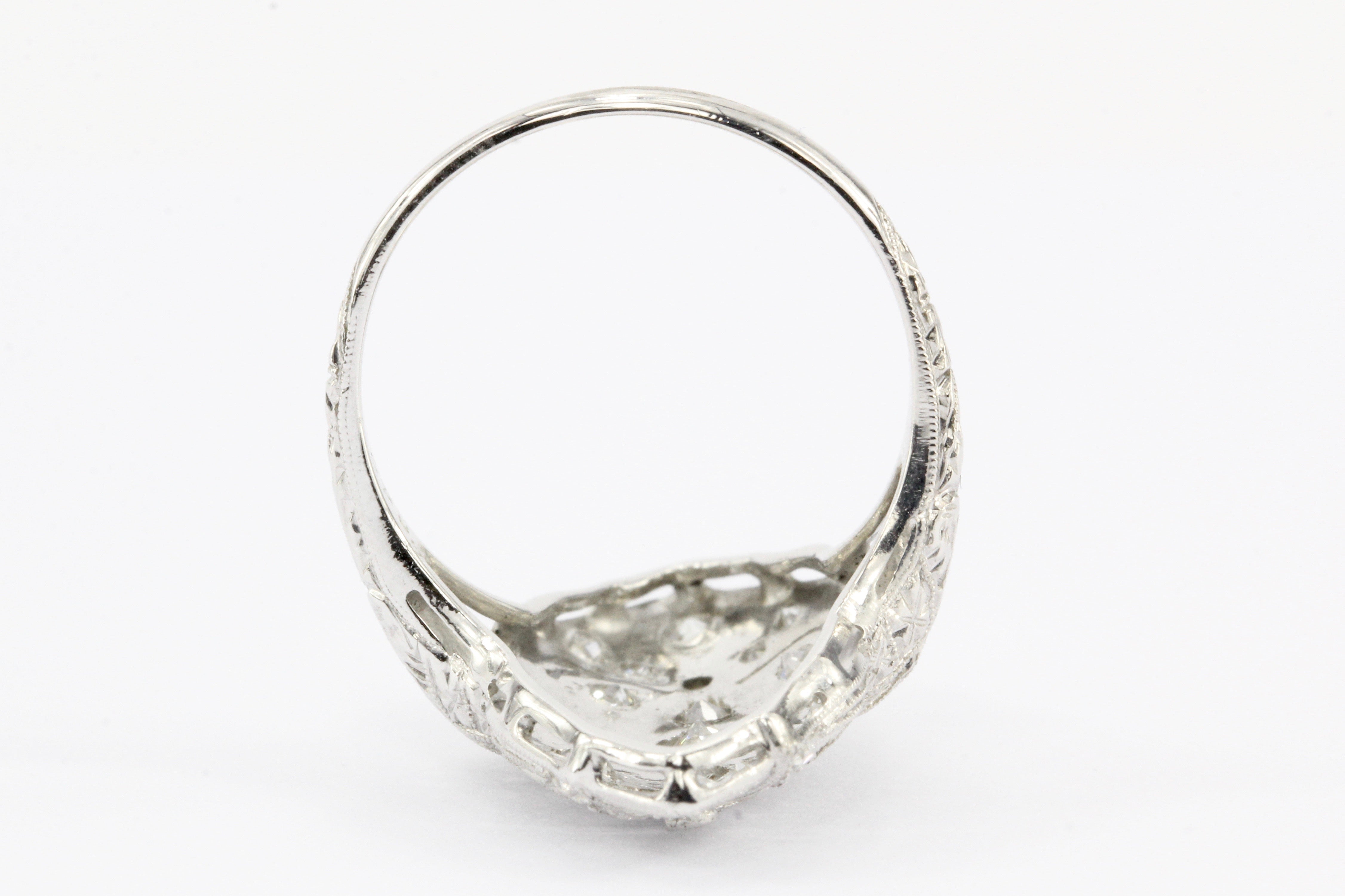 Art Deco Platinum Old European Cut Diamond Filigree Shield Ring c.1920's - Queen May
