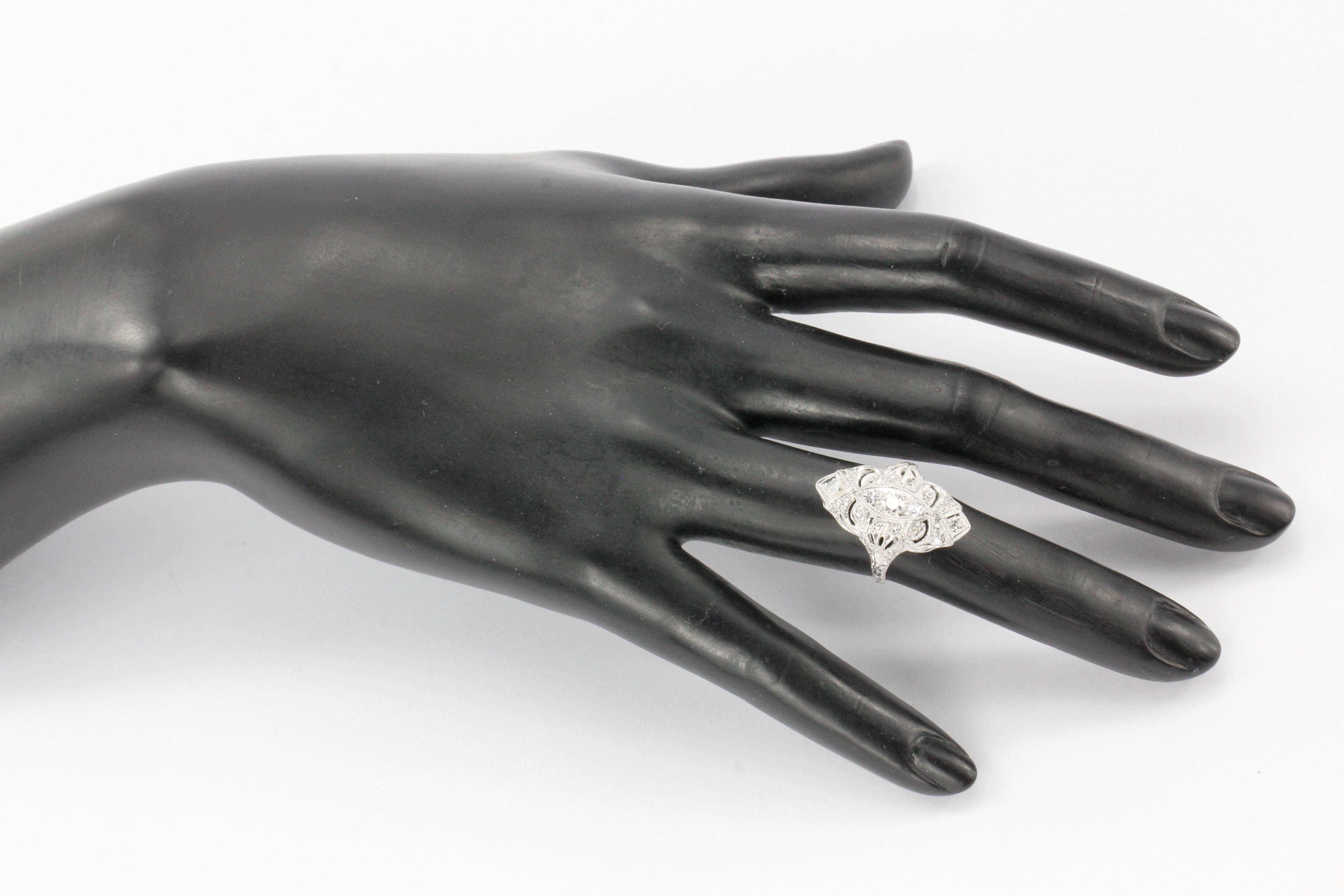 Art Deco Platinum Old European Cut Diamond Filigree Shield Ring c.1920's - Queen May