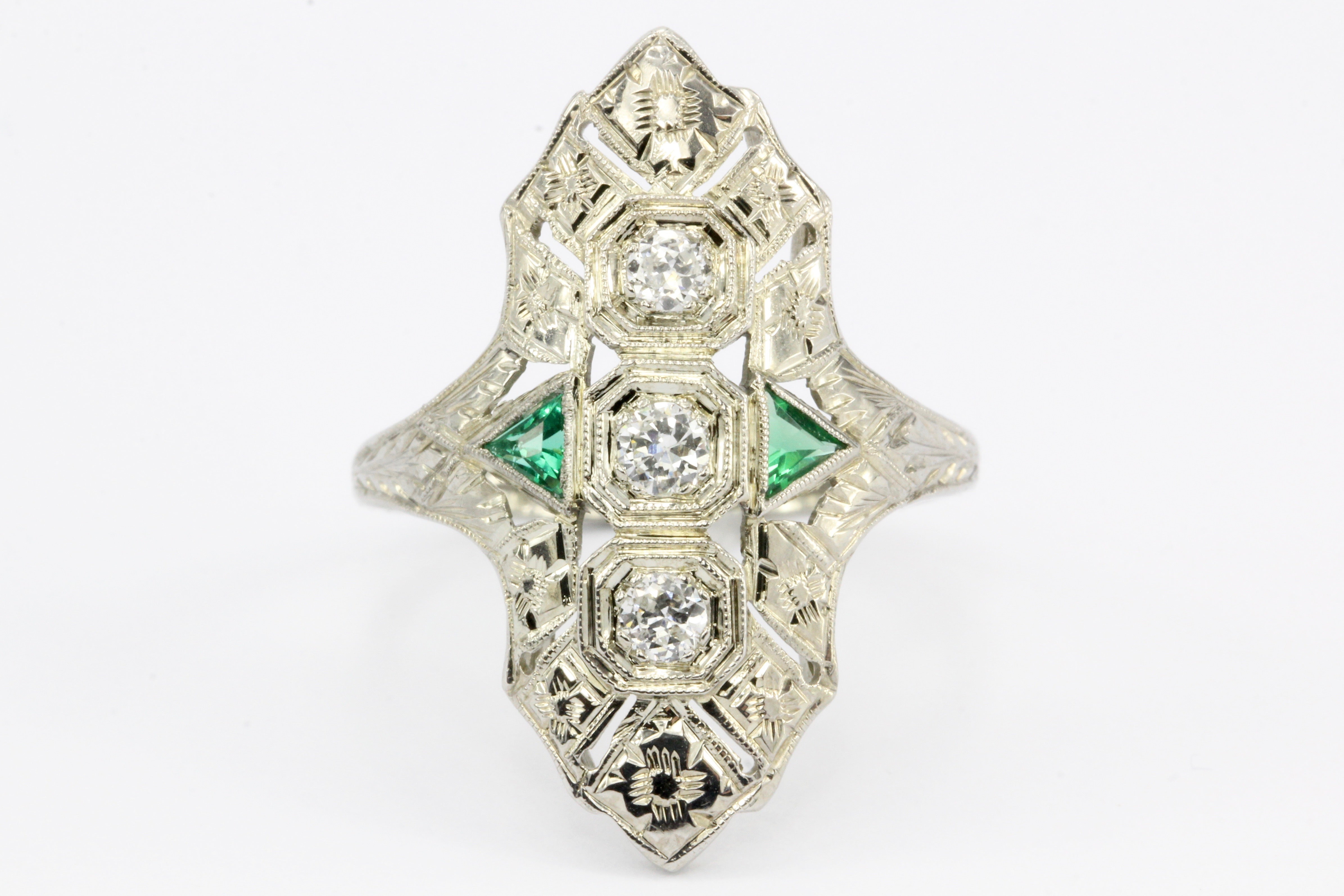 Art Deco 18K White Gold Diamond & Emerald 3 Stone Ring c.1930's - Queen May