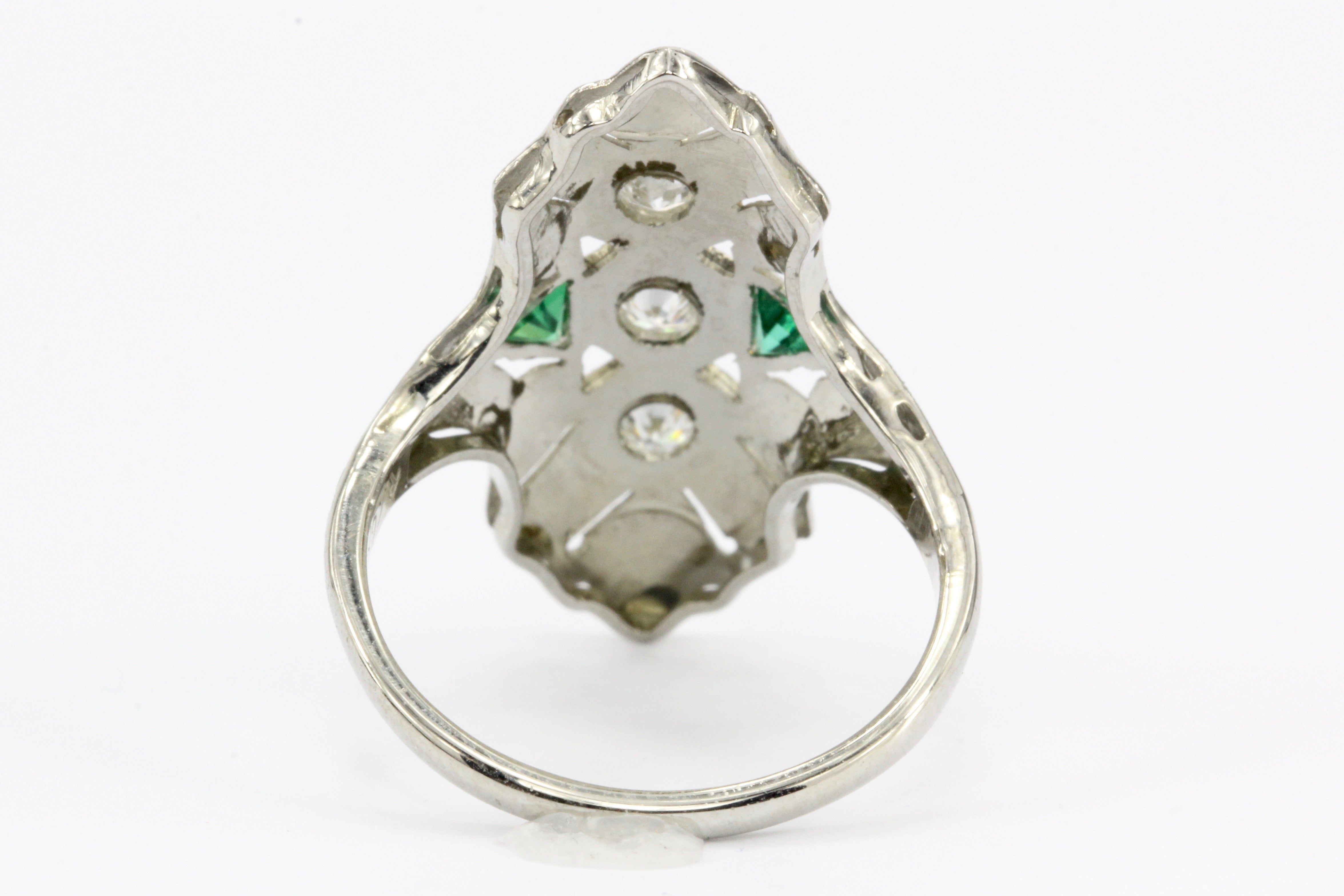 Art Deco 18K White Gold Diamond & Emerald 3 Stone Ring c.1930's - Queen May