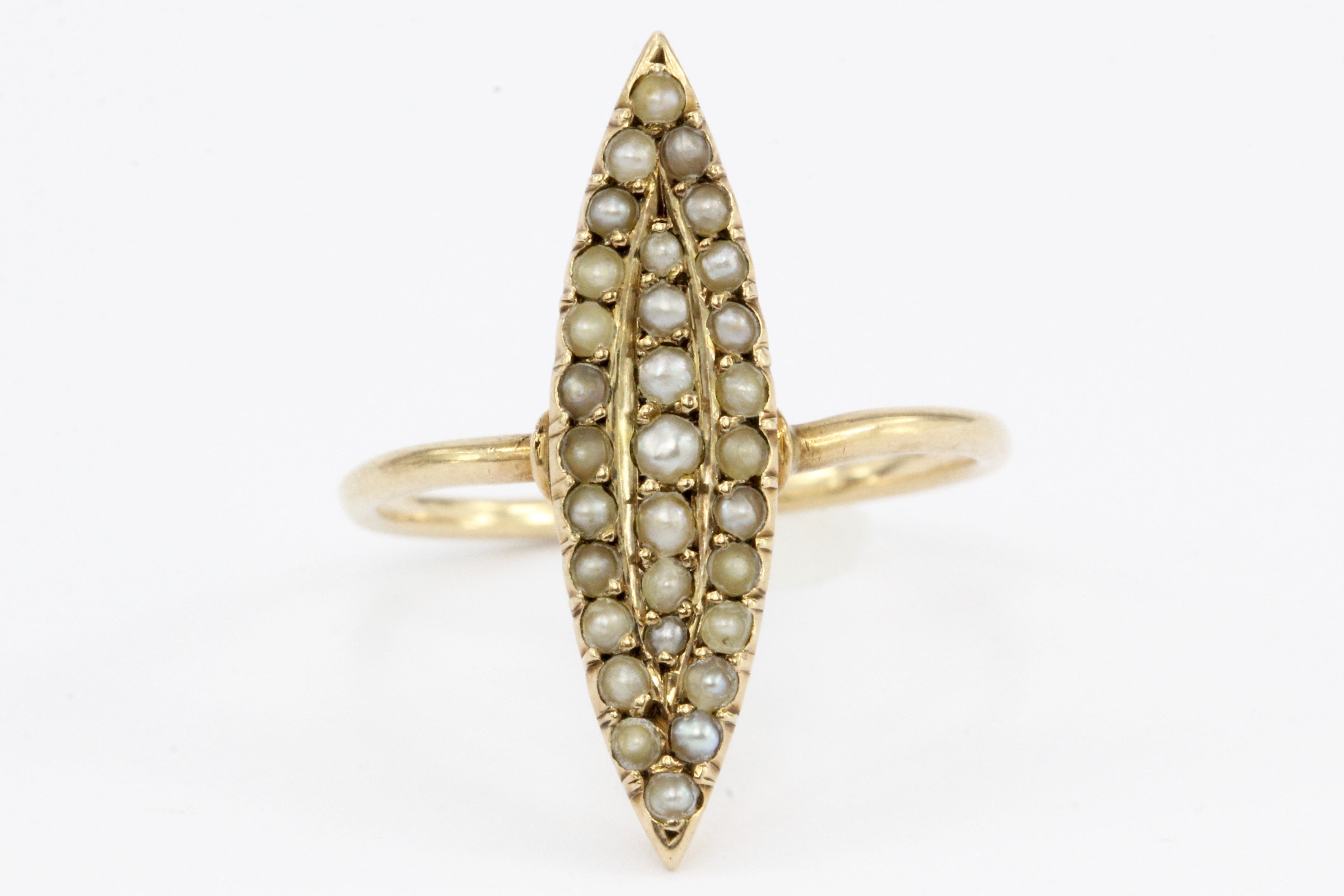 Victorian 10K Rose Gold Seed Pearl Navette Ring c.1890's - Queen May