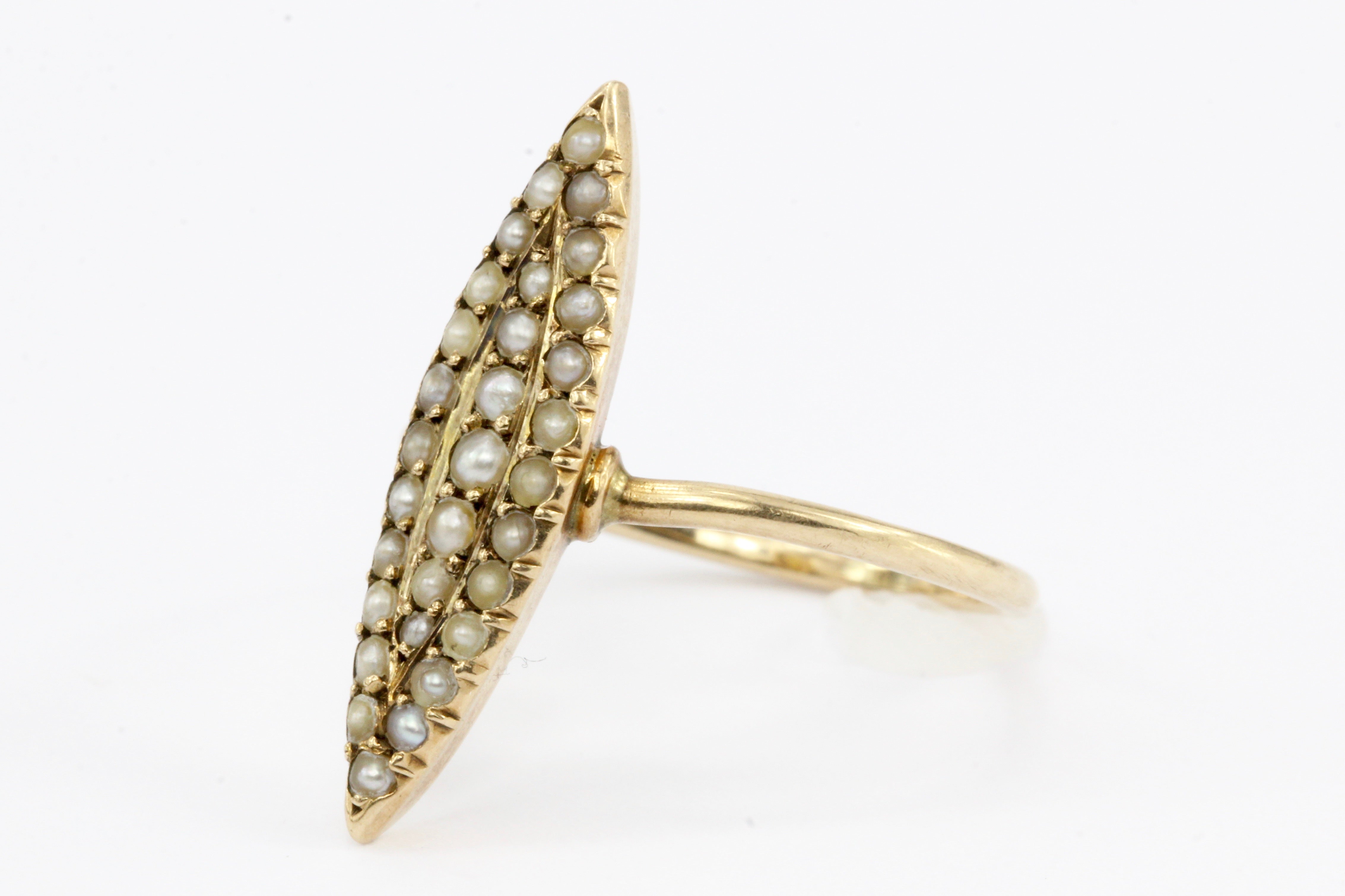 Victorian 10K Rose Gold Seed Pearl Navette Ring c.1890's - Queen May