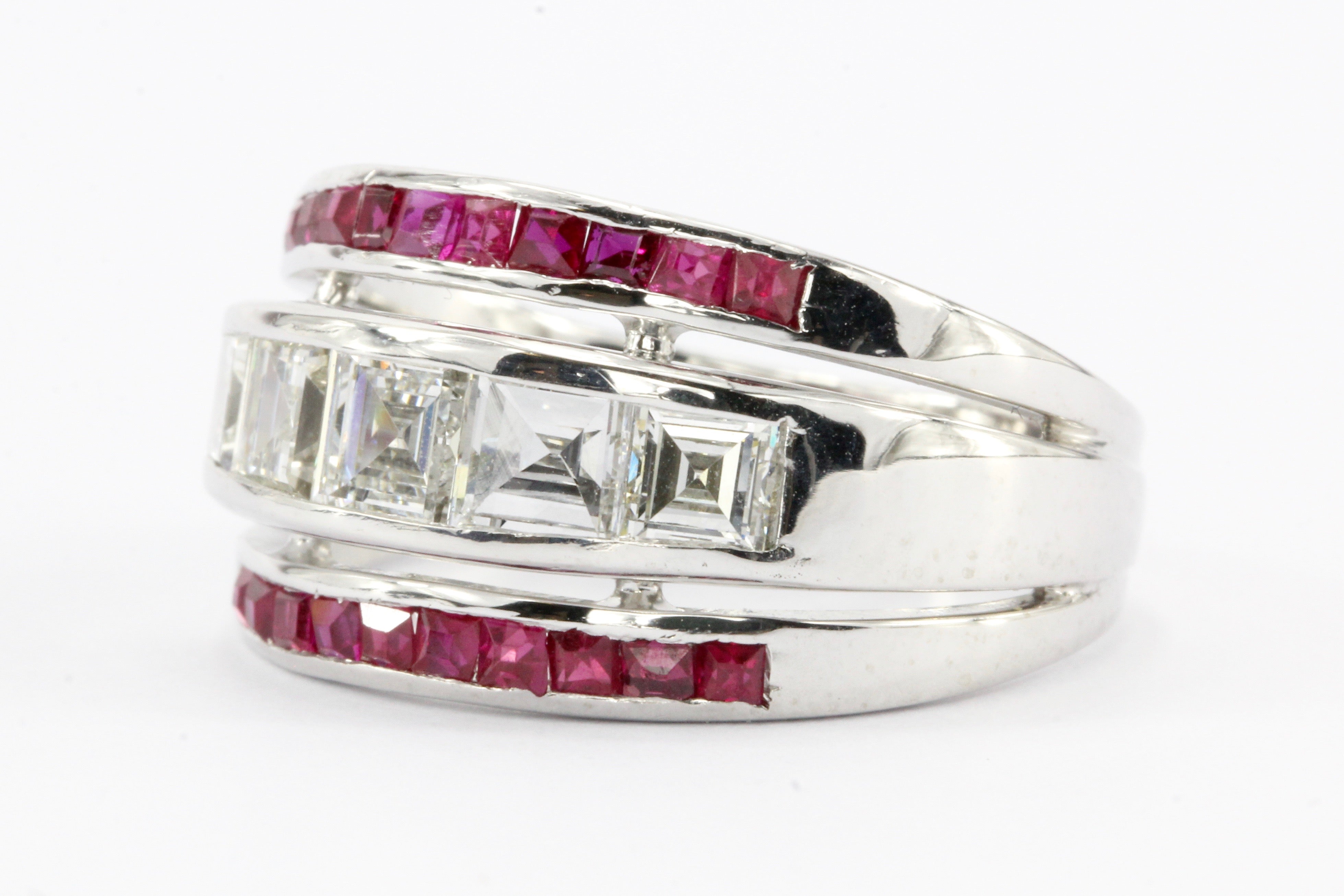 Art Deco Platinum Carre Cut Diamonds & Ruby Triple Row Band Ring c.1930's - Queen May