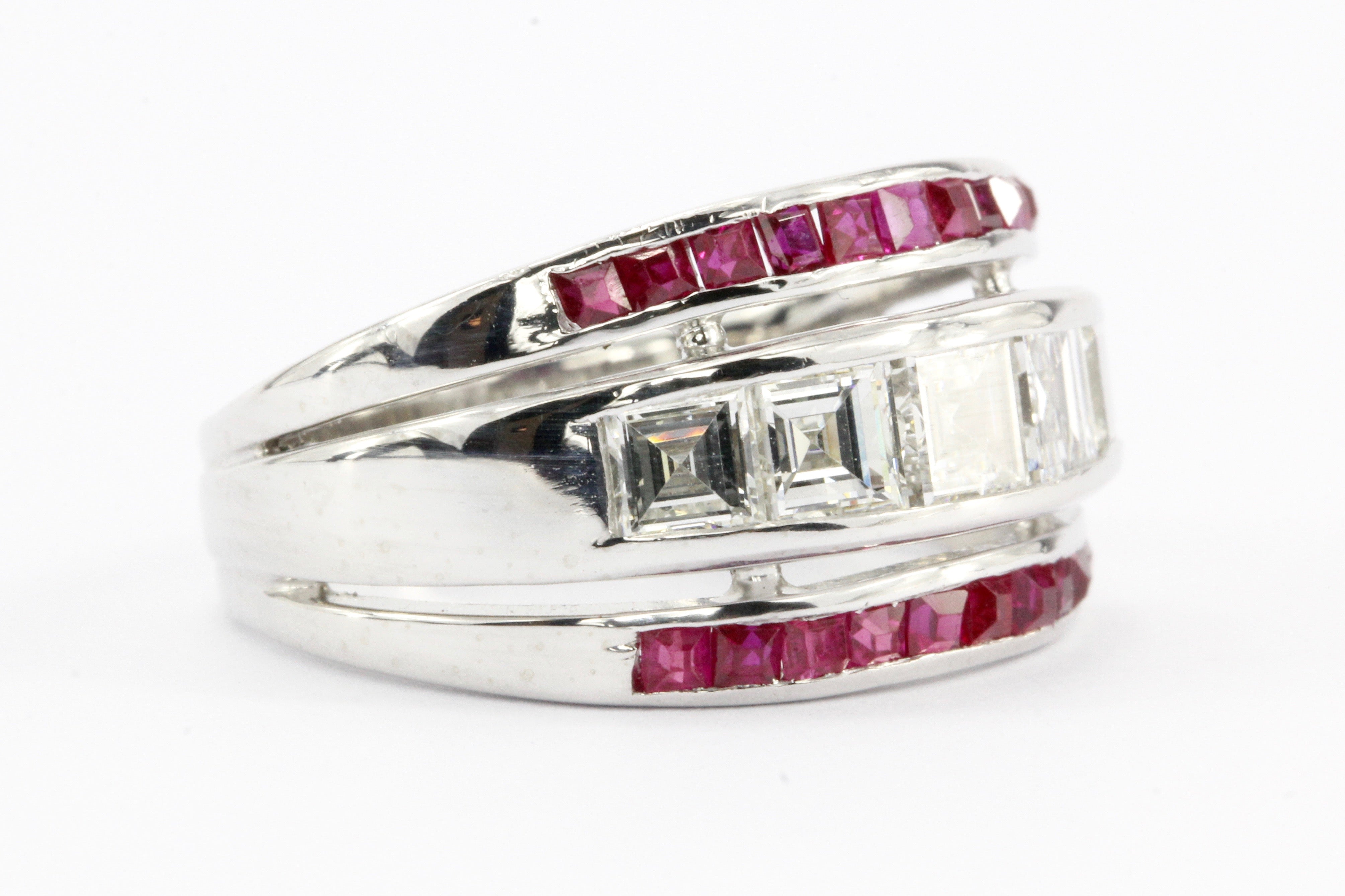 Art Deco Platinum Carre Cut Diamonds & Ruby Triple Row Band Ring c.1930's - Queen May