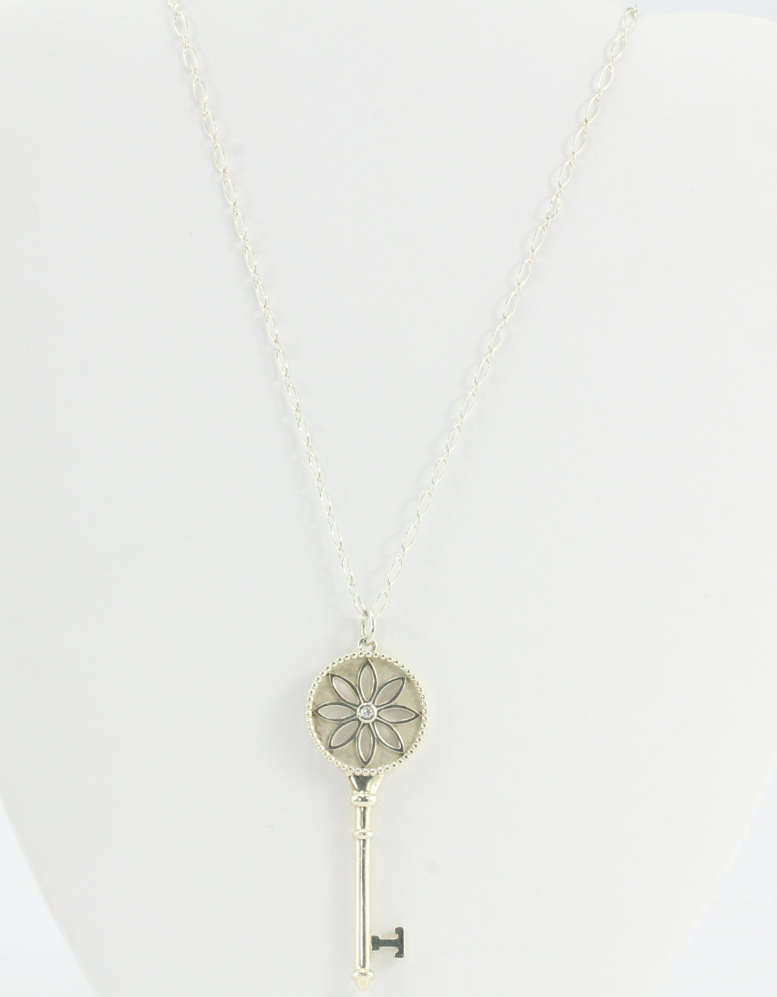 Tiffany & Co Sterling Silver Daisy Key Diamond Pendant & Chain - Queen May