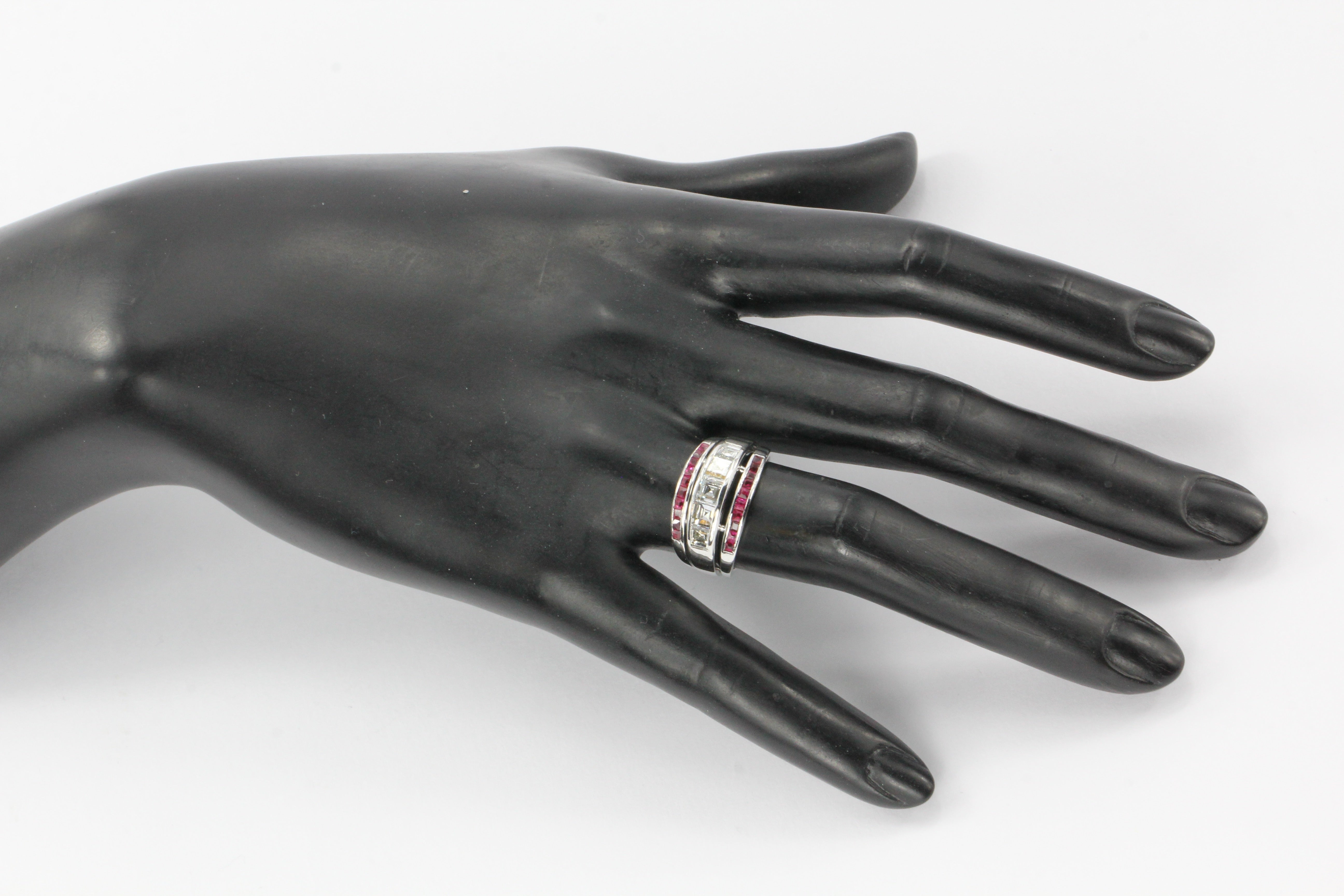 Art Deco Platinum Carre Cut Diamonds & Ruby Triple Row Band Ring c.1930's - Queen May