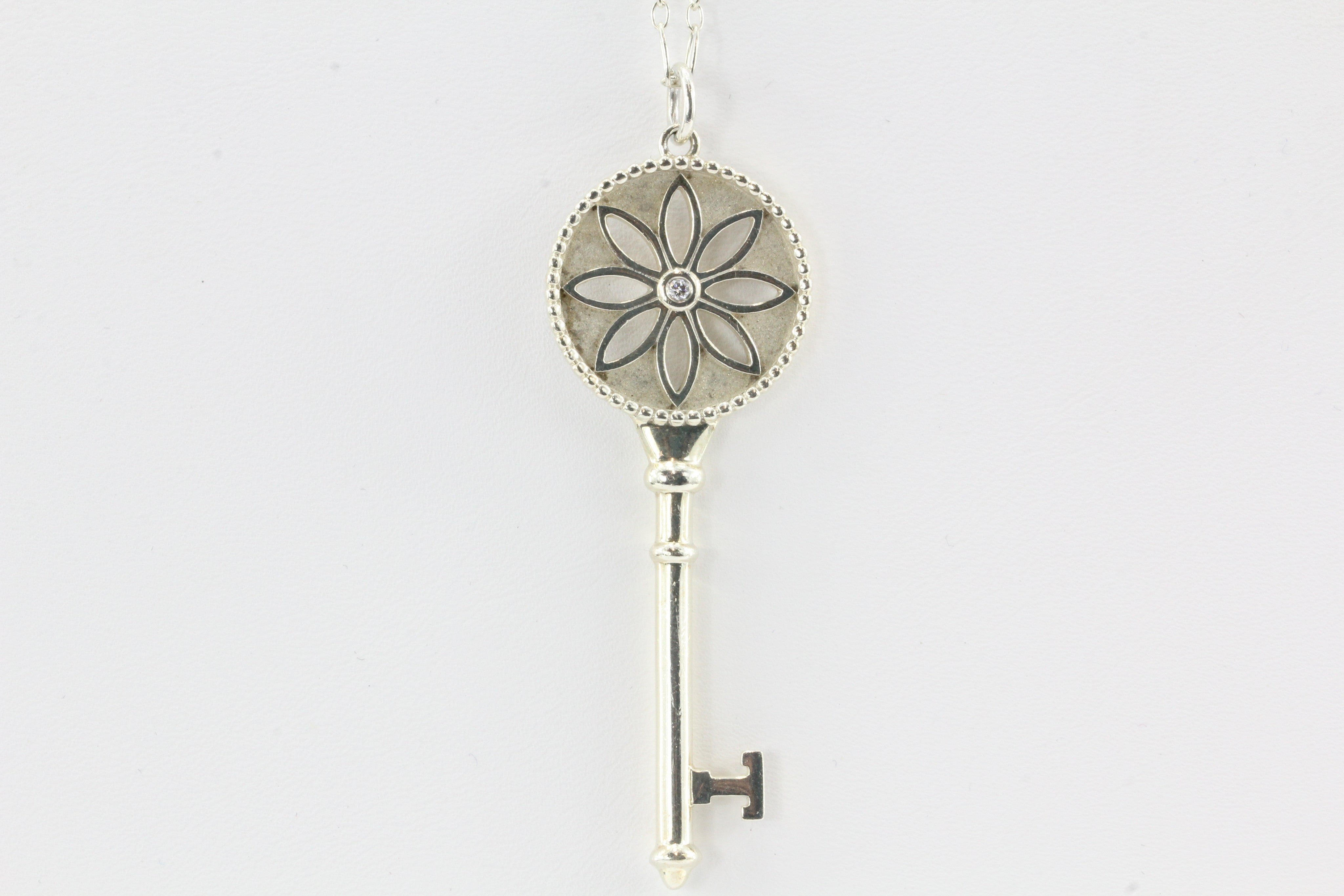 Tiffany & Co Sterling Silver Daisy Key Diamond Pendant & Chain - Queen May