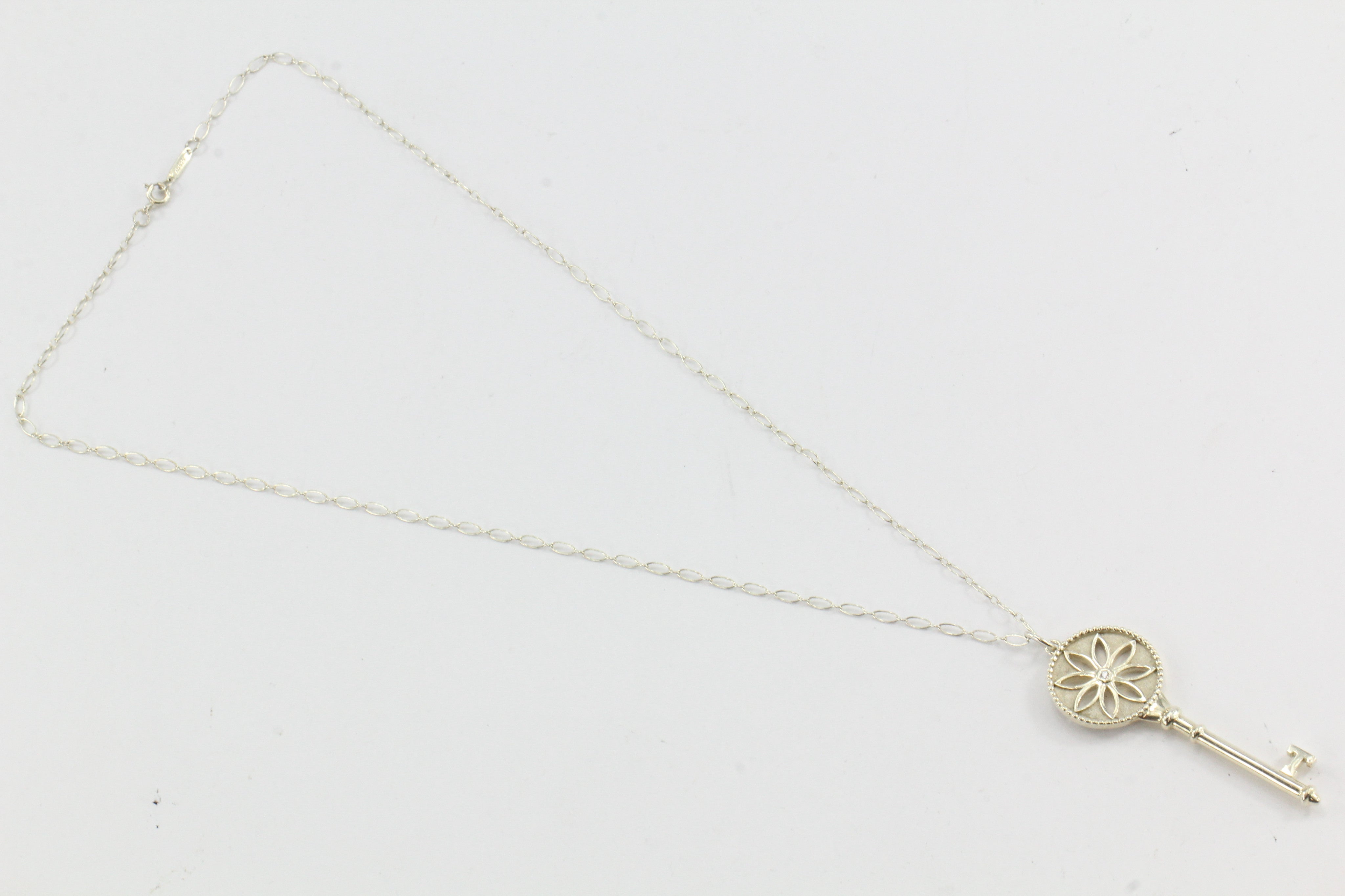 Tiffany & Co Sterling Silver Daisy Key Diamond Pendant & Chain - Queen May