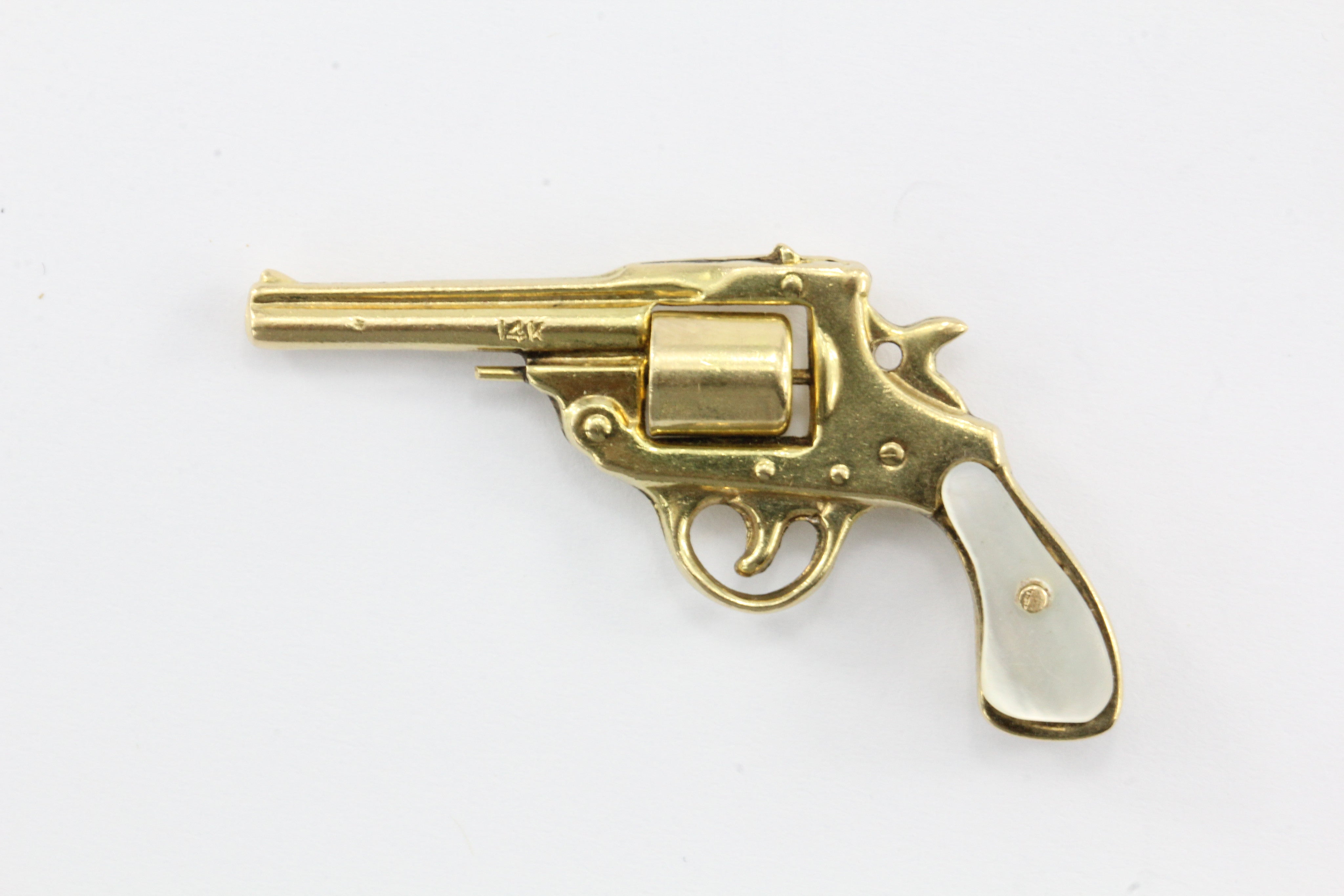 Vintage 14K Gold & Mother of Pearl Colt Revolver Gun Charm Pendant - Queen May