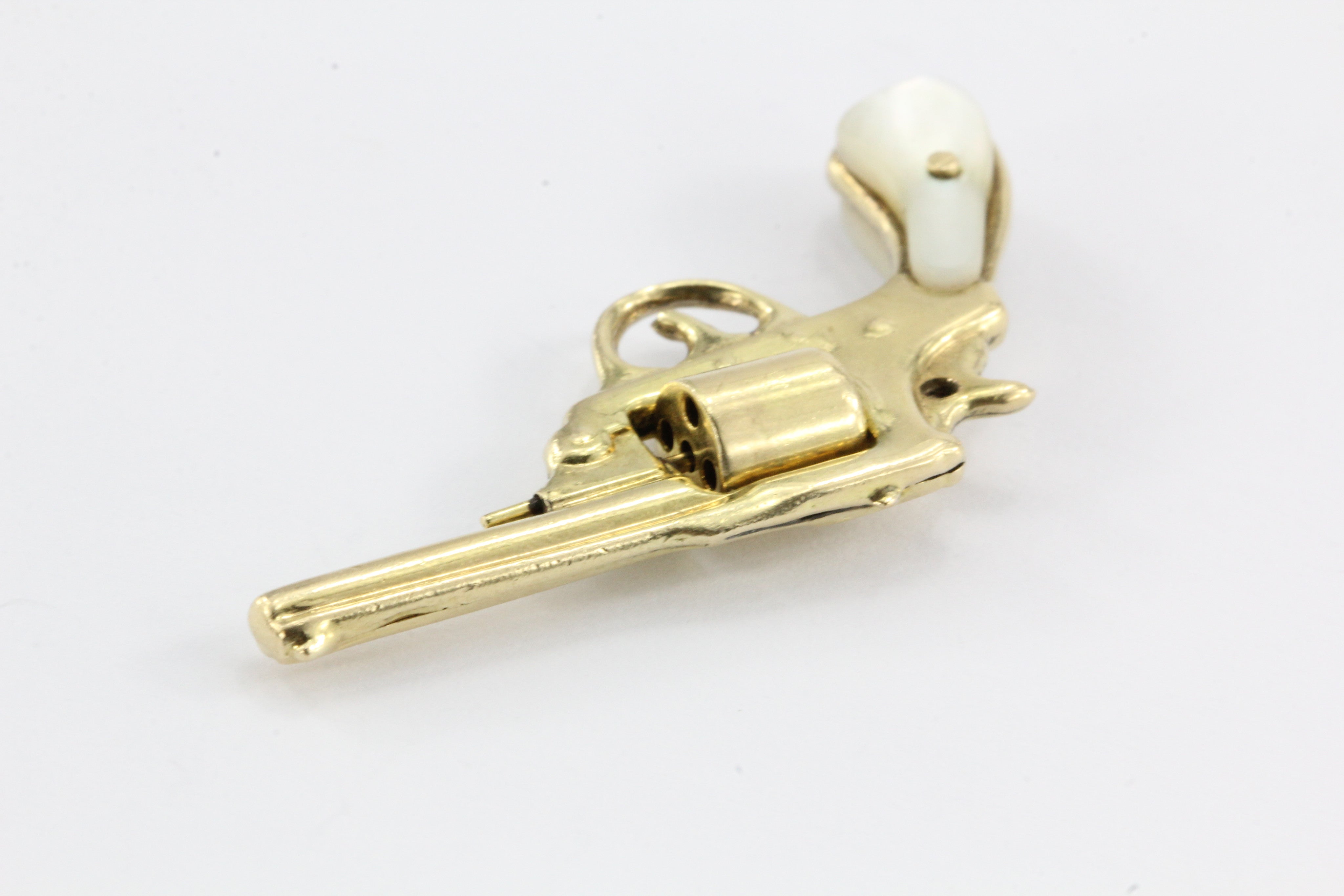 Vintage 14K Gold & Mother of Pearl Colt Revolver Gun Charm Pendant - Queen May