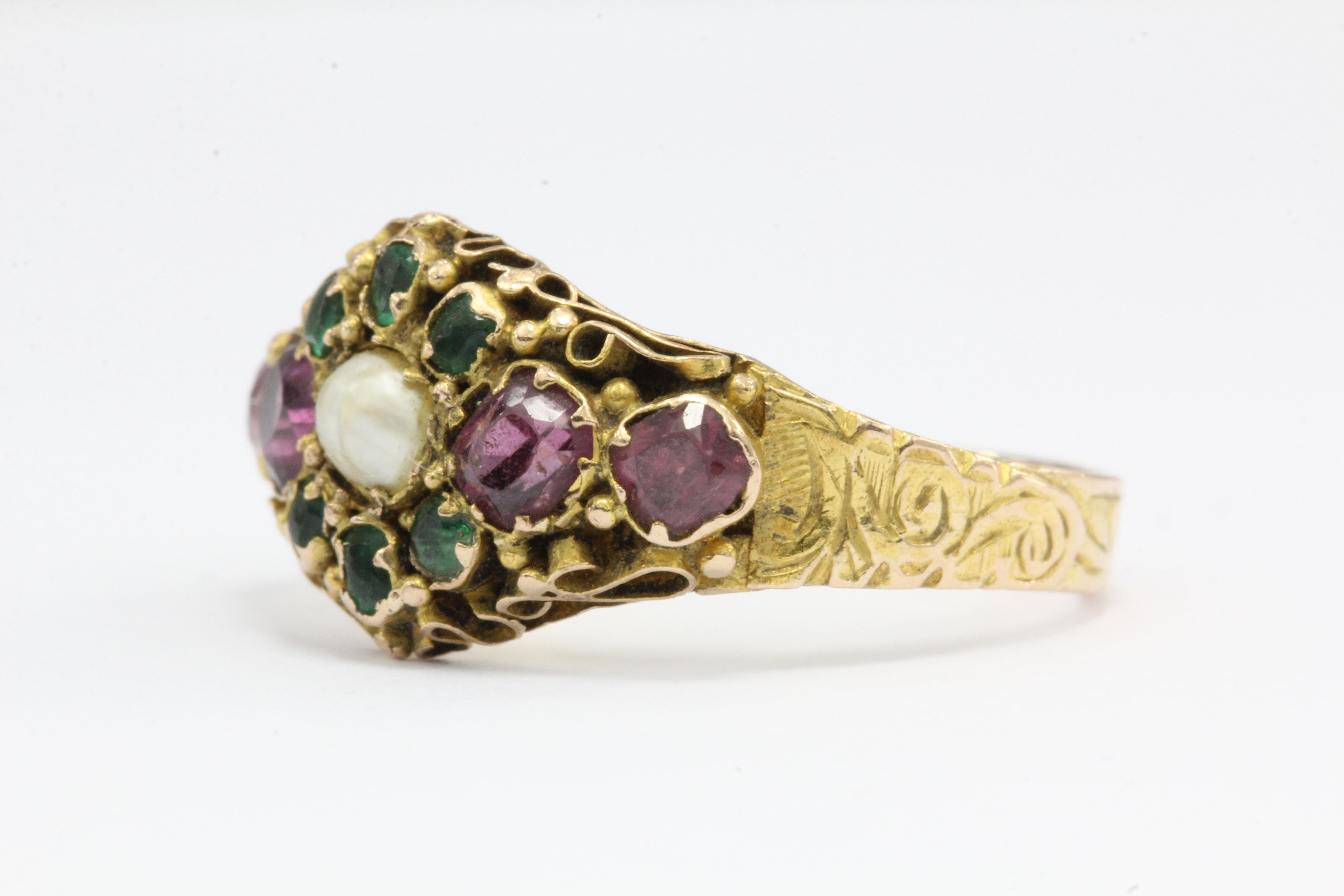 Victorian 1876 15K Gold Ruby & Natural Pearl Ring from Birmingham England - Queen May