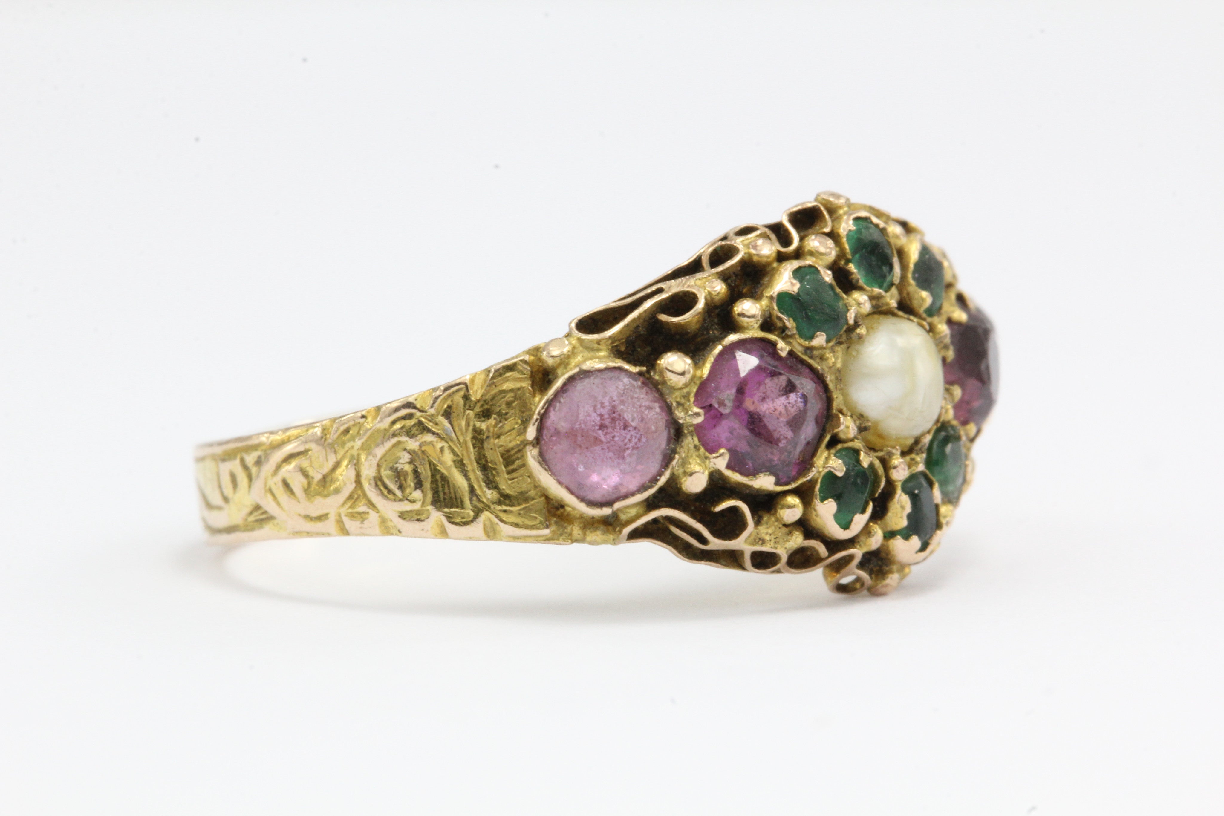 Victorian 1876 15K Gold Ruby & Natural Pearl Ring from Birmingham England - Queen May
