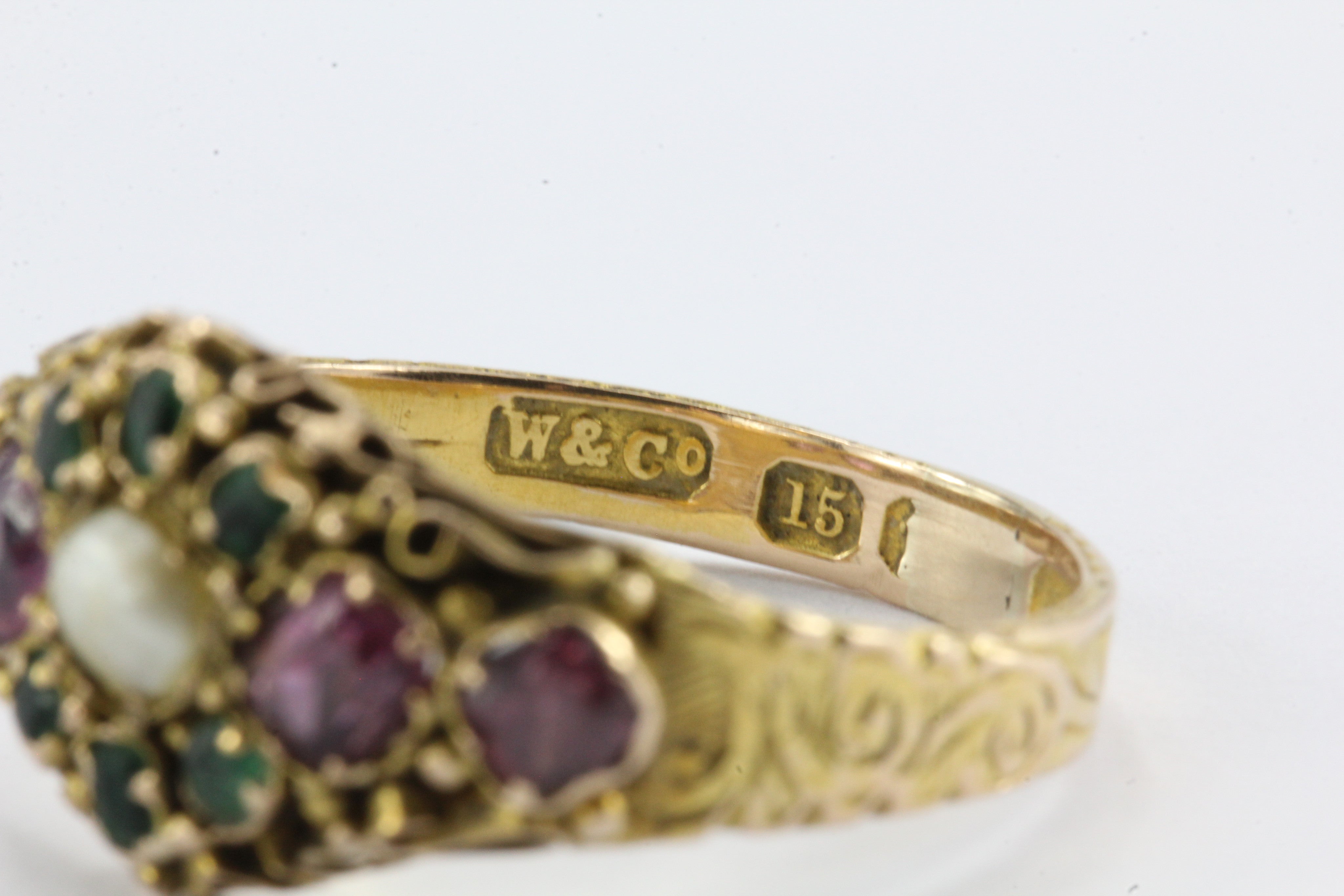 Victorian 1876 15K Gold Ruby & Natural Pearl Ring from Birmingham England - Queen May
