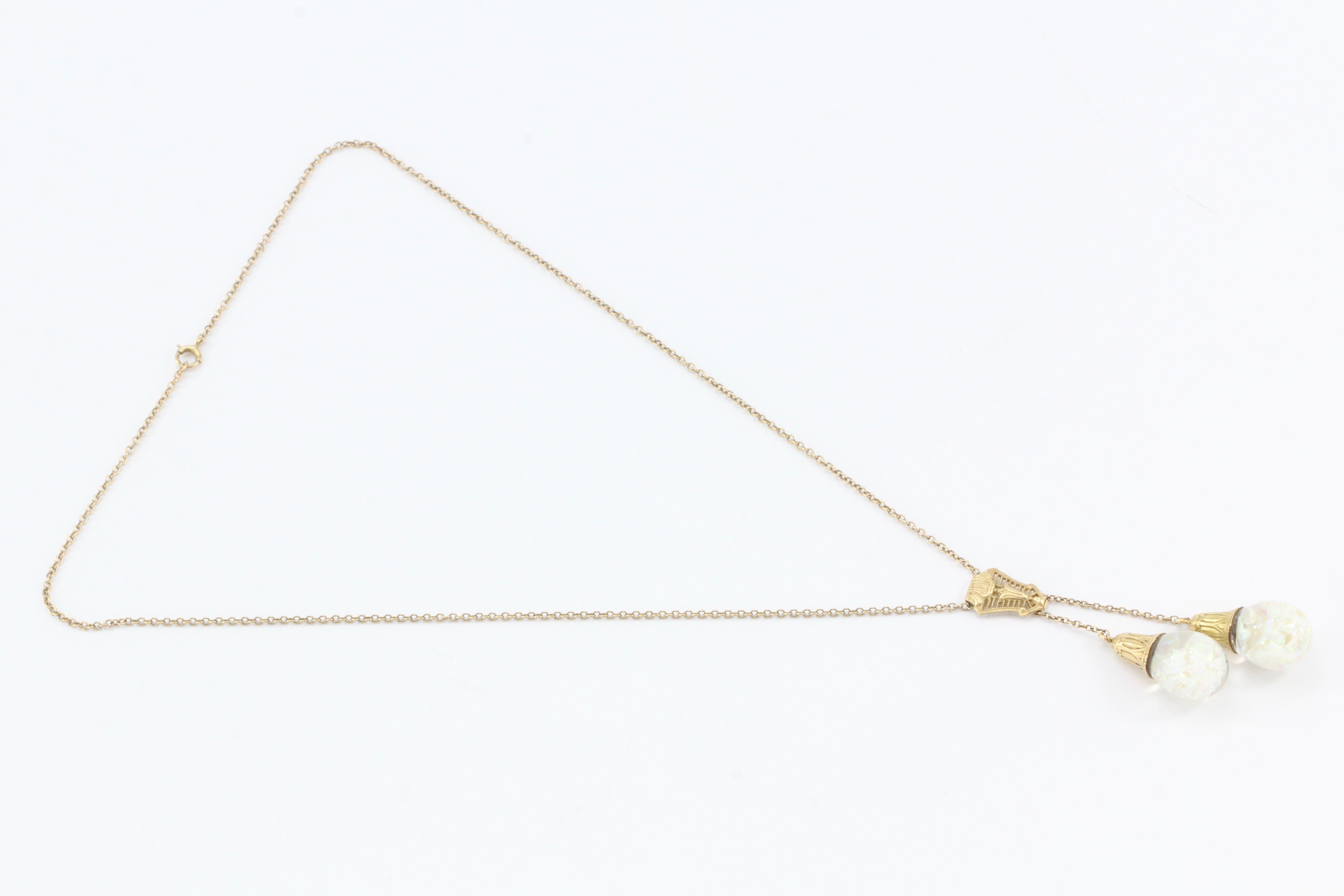 Art Deco Original Horace Welch 14K Gold Double Floating Opal Drop Necklace c1930 - Queen May