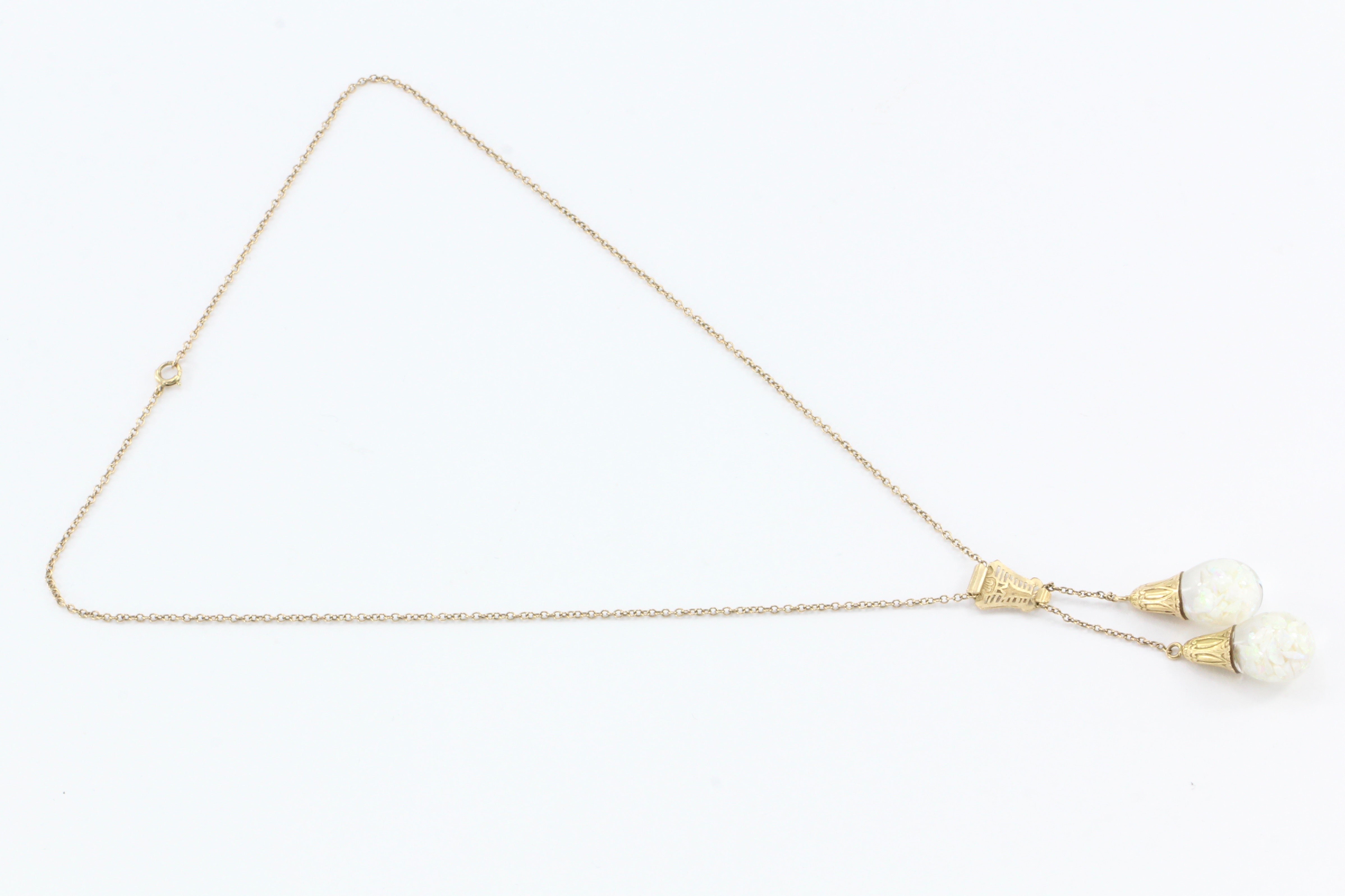 Art Deco Original Horace Welch 14K Gold Double Floating Opal Drop Necklace c1930 - Queen May